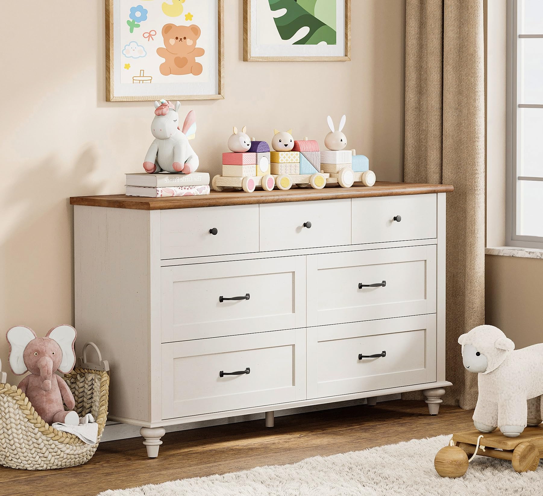 WAMPAT 7-Drawer Kids Dresser for Nursery & Bedroom - White Mid Century Modern Baby Dresser Organizer, 54 Inch Wide Distressed Chest for Children's Room Storage - Perfect for Clothes, Toys & Nursery Organization