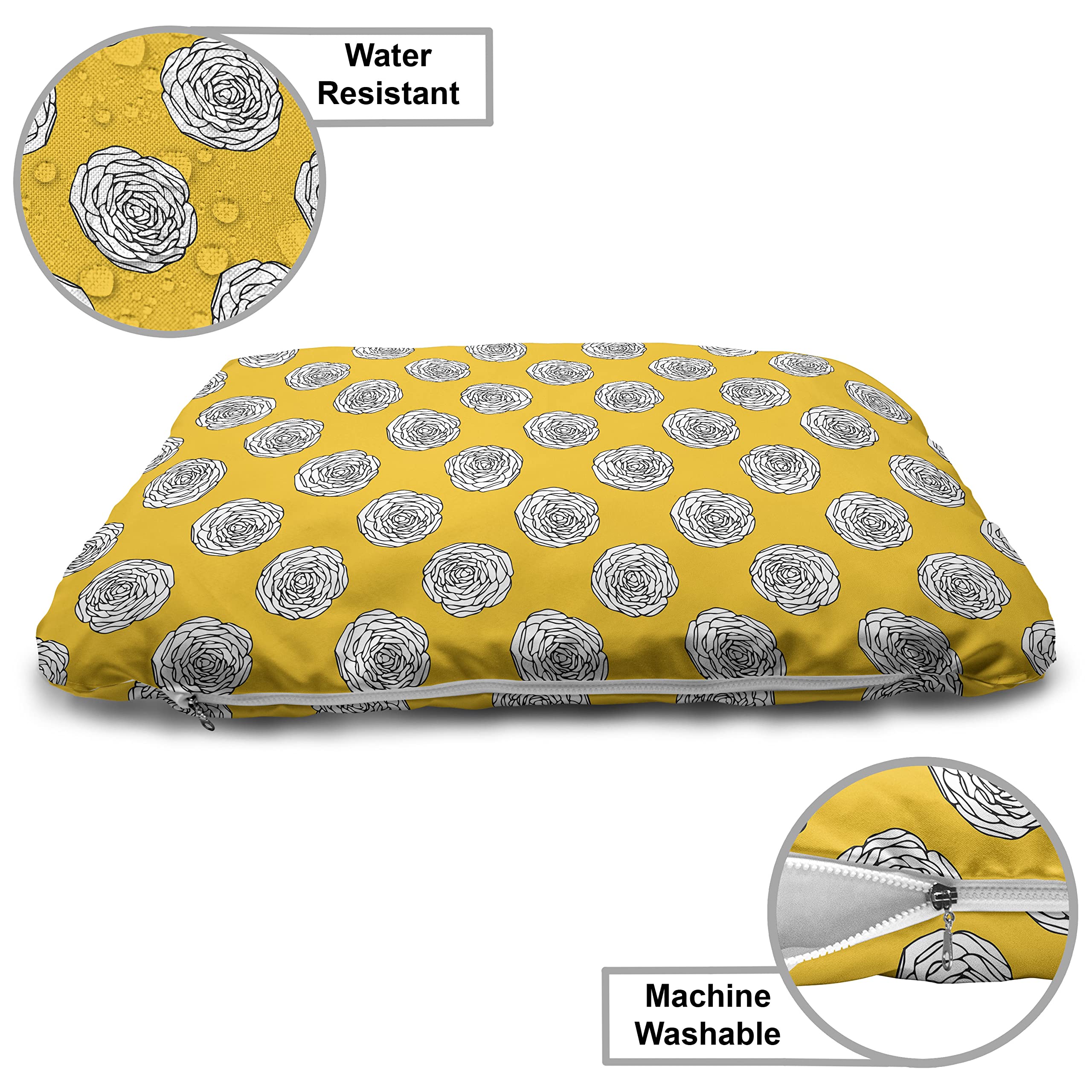 Lunarable Rose Wooden Dog House - Modern Graphic Style with Blooming Flower Petals, Portable Indoor & Outdoor Dog Kennel with Pillow & Cover, 2X-Large Size in Earth Yellow Grey - Perfect for Backyard, Patio or Living Room Pet Shelter
