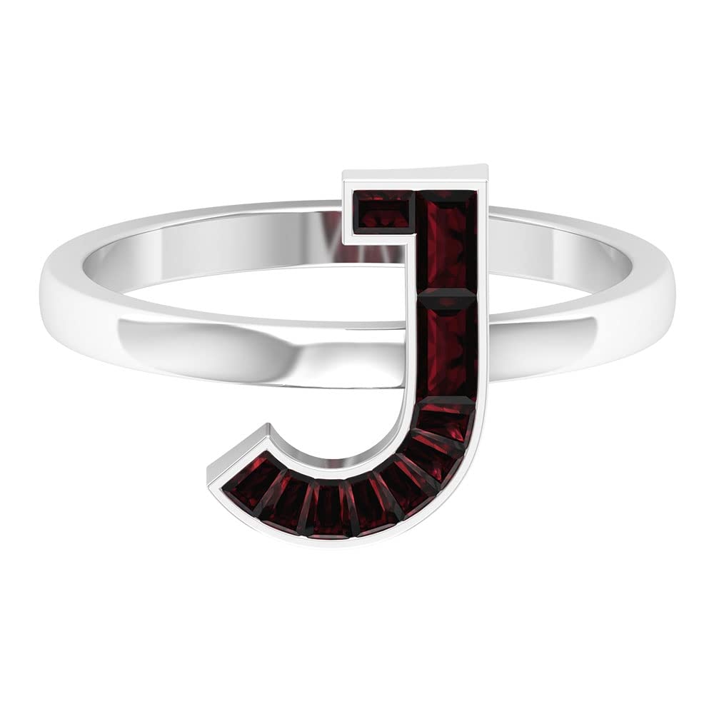 Garnet Initial Rings A to Z - 14K White Gold Alphabet Letter Rings with Baguette & Channel Set Gemstones - Perfect for Birthdays, Anniversaries, and Personalized Gifts