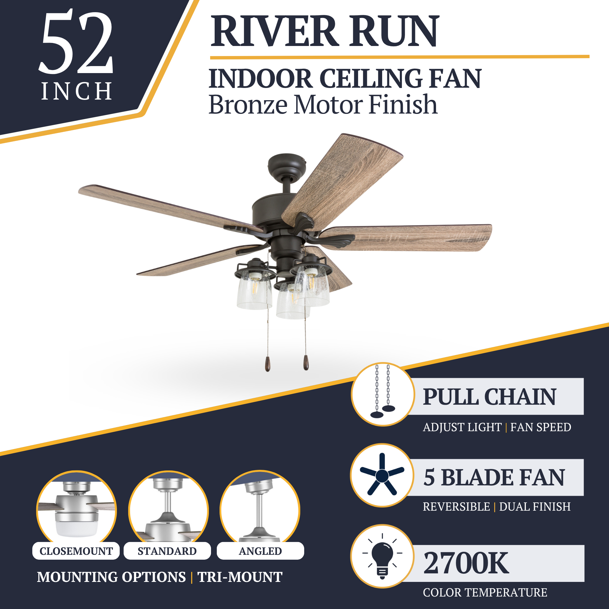 52 Inch Bronze River Run Ceiling Fan with Pull Chain - Perfect for Living Room, Bedroom, and Outdoor Spaces