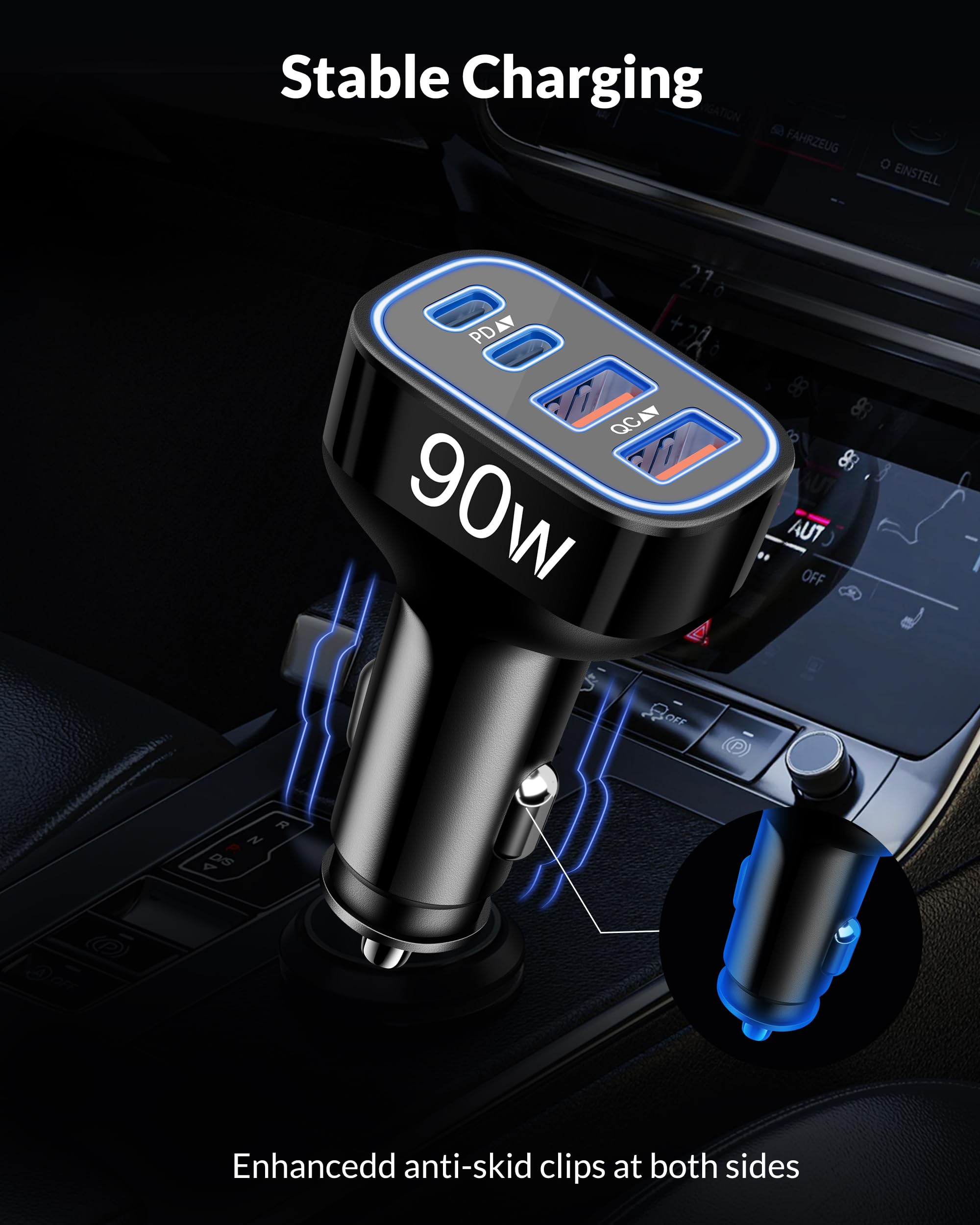 90W Super Fast 4-Port USB C Car Charger with Dual 45W USB-C & USB-A Ports - Cigarette Lighter Adapter for iPhone 16/15/14/13/12, Samsung S24/S23, iPad, Android Phones & Tablets - Perfect for Road Trips, Commuting & Multi-Device Charging