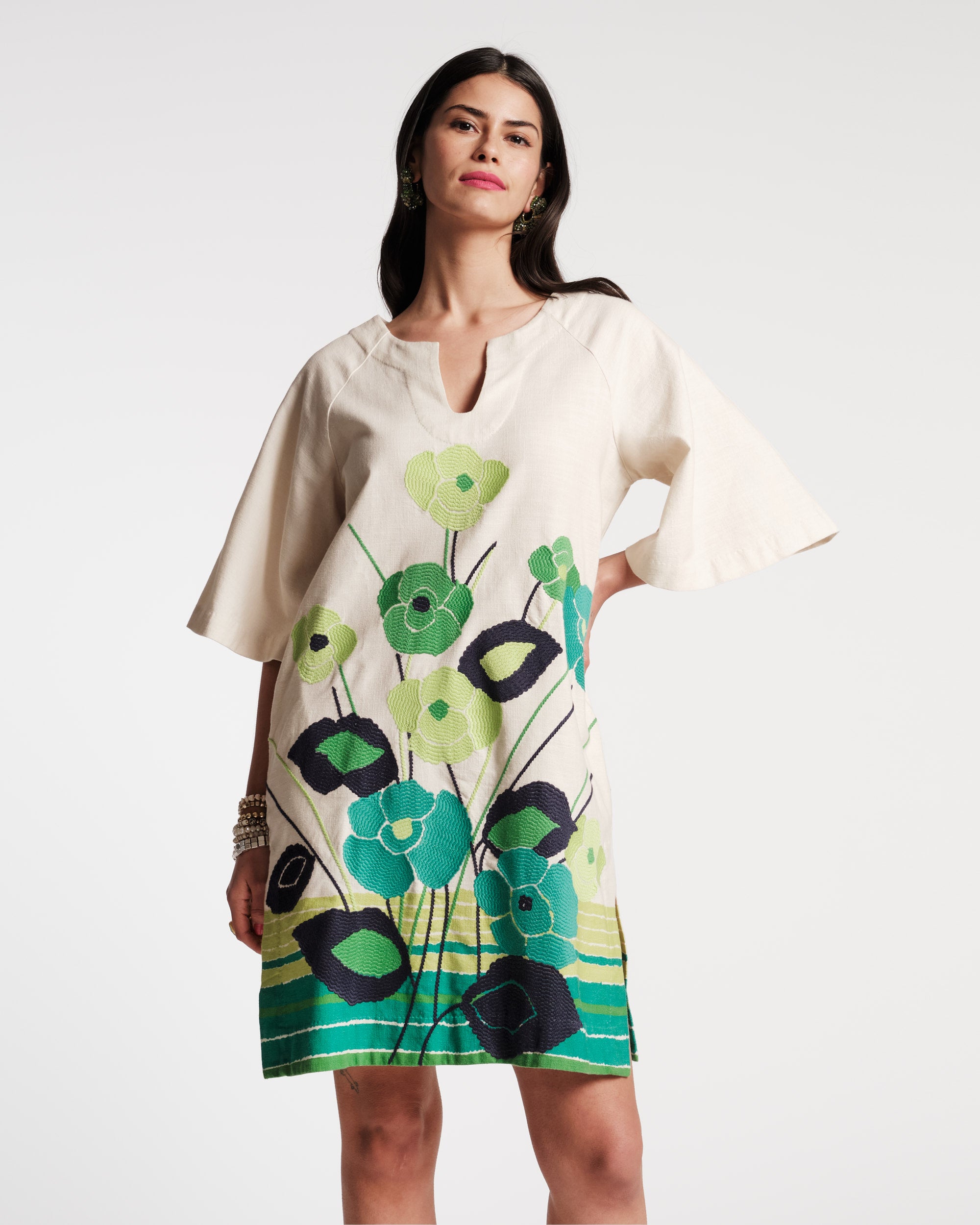 Dreamy Caftan Mini Dress - Green Floral Print Summer Beach Cover Up | Perfect for Vacation, Pool Party & Boho Fashion