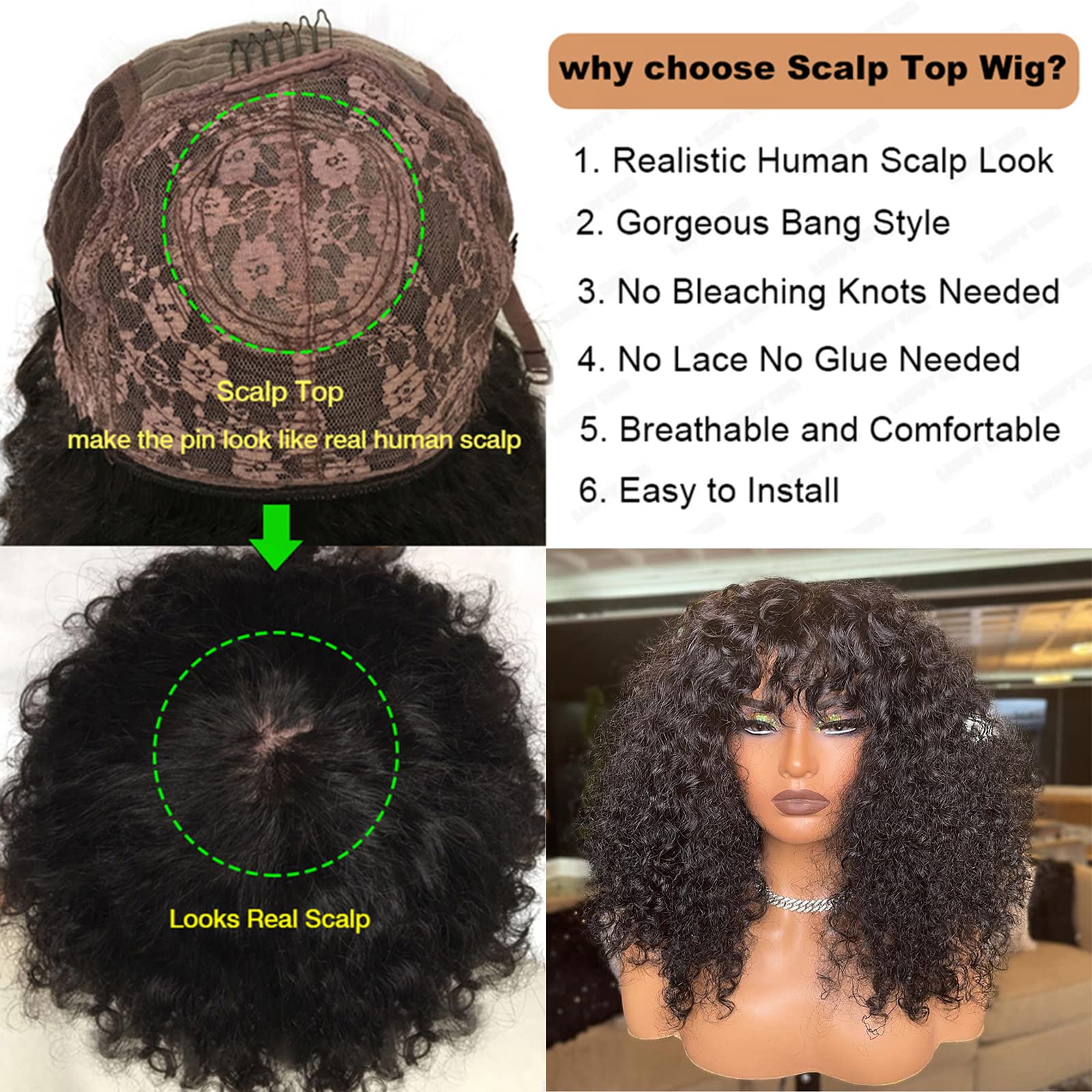 200 Density Brazilian Remy Human Hair Wig with Bangs & Scalp Top - Short Curly Machine Made Wig for Women (14 Inch, Natural Color) | Perfect for Daily Wear, Cosplay & Special Occasions