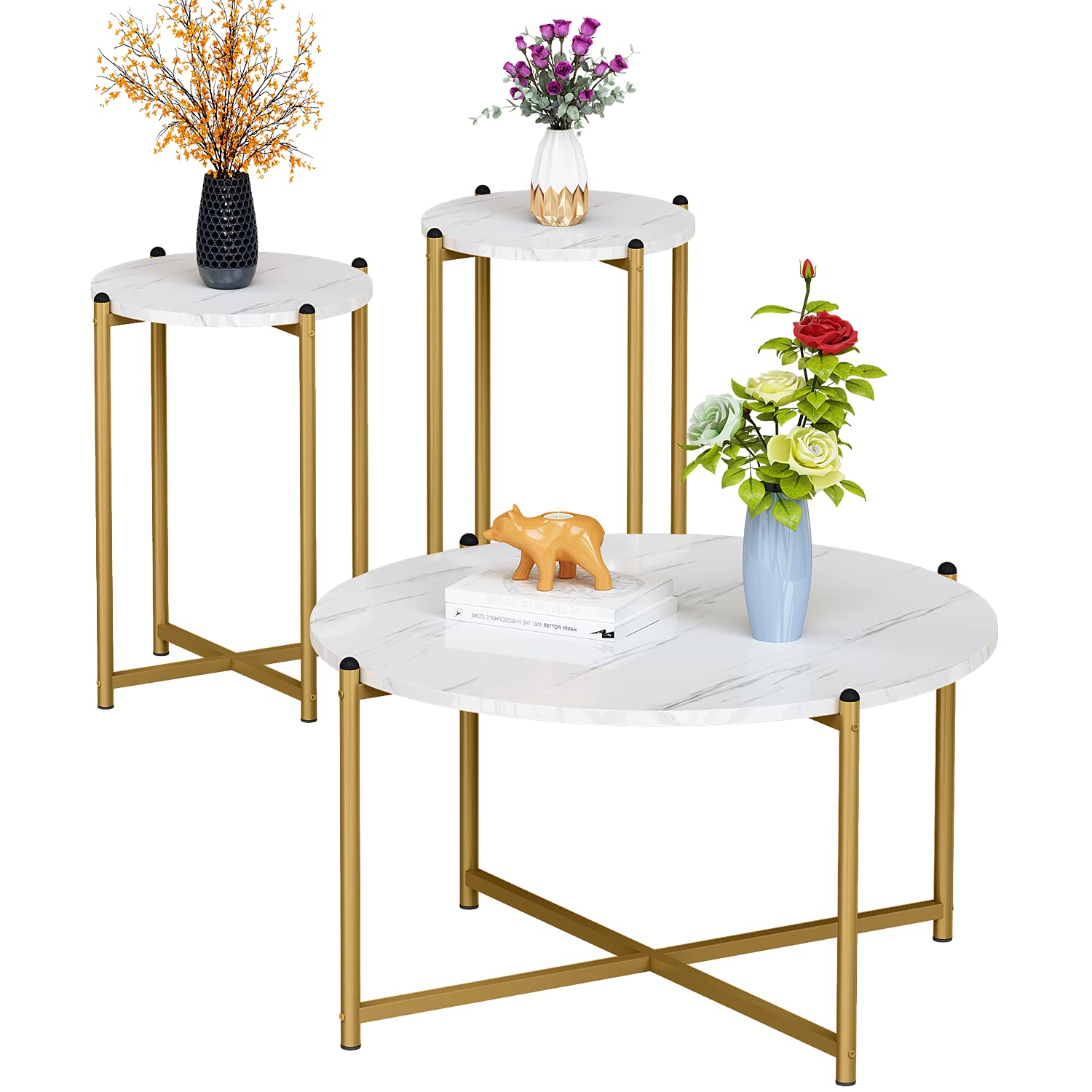 DKLGG Faux Marble Coffee Table Set of 3 - Round Coffee Table & 2 End Tables with Sturdy Metal Frame, Modern Sofa Side Tables for Living Room, Apartment, Lounge | Perfect for Coffee, Books & Decor Display