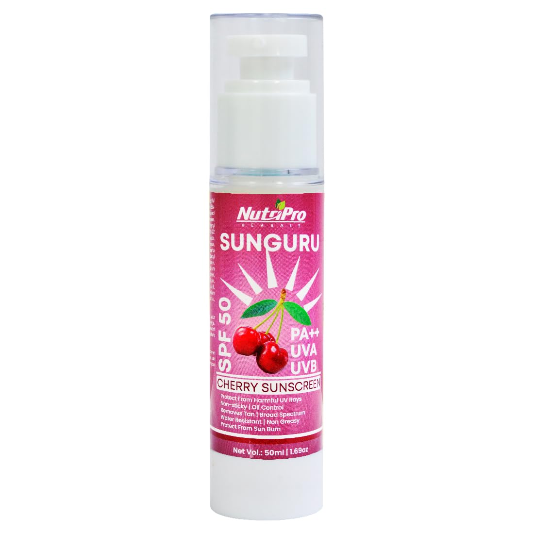 NutriPro Cherry Sunscreen SPF 50 PA++ - 50ml Lightweight Face Sunscreen with Multi-Vitamins - No White Cast, Anti-Tanning, Oil Control & Broad Spectrum Protection for Women & Men - Perfect for Daily Use, Outdoor Activities & Beach Trips