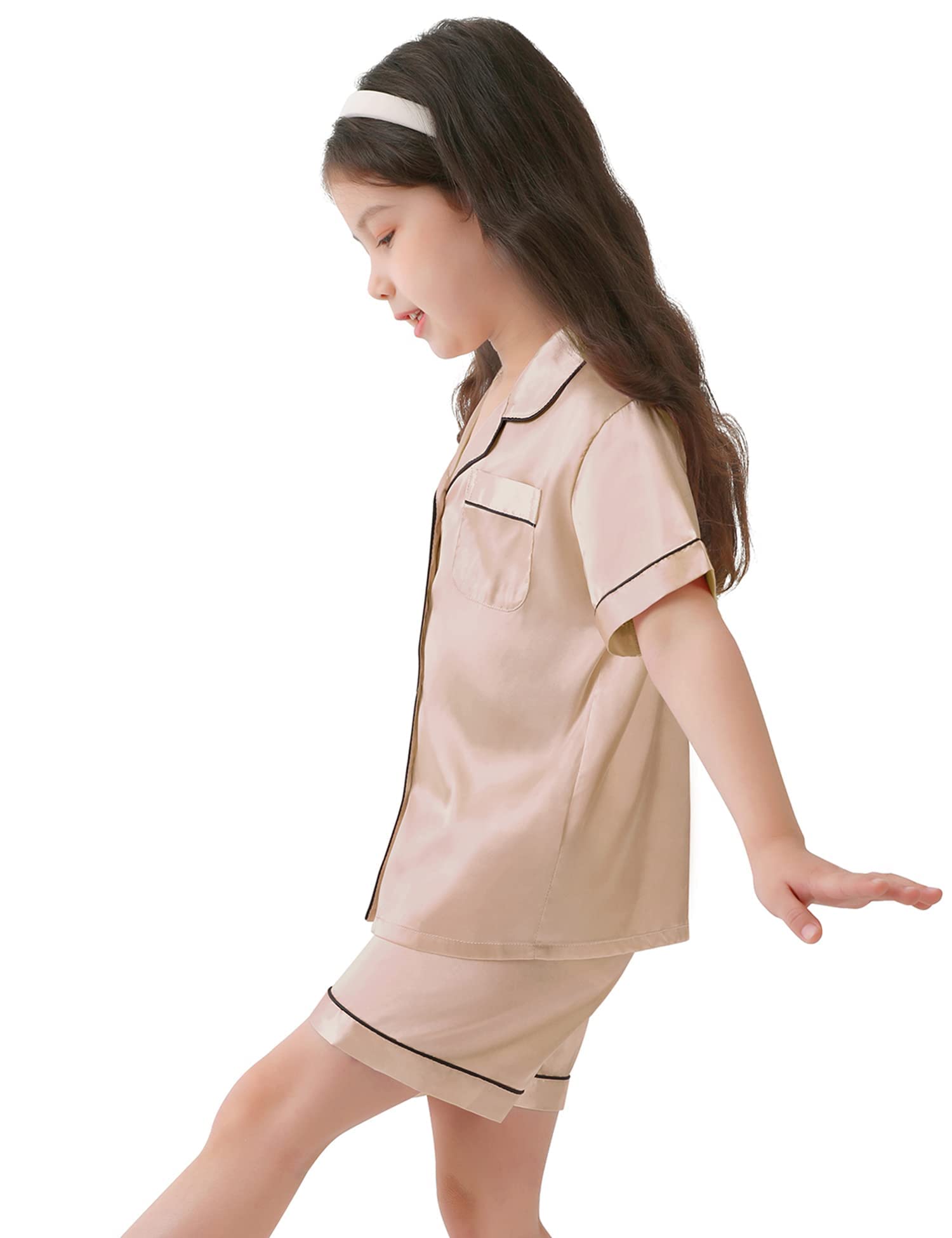 SWOMOG Kids Satin Pajama Set for Girls & Boys - Soft Button-Down Silk Pjs with Short Sleeve, 2-Piece Nightwear & Lounge Outfit - Perfect for Sleepovers, Bedtime & Relaxing at Home