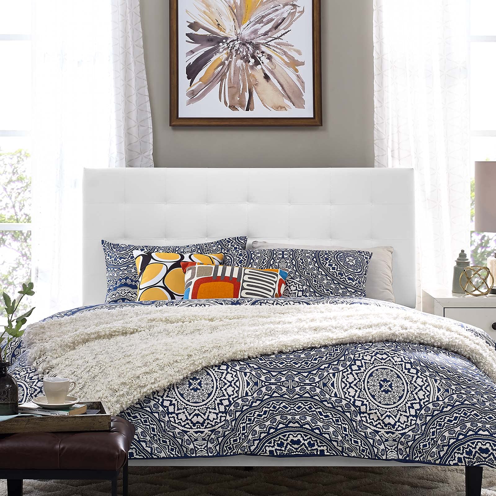 Modway Paisley Upholstered Tufted Faux Leather Headboard - White Full/Queen Size Bed Frame for Modern Bedroom Decor