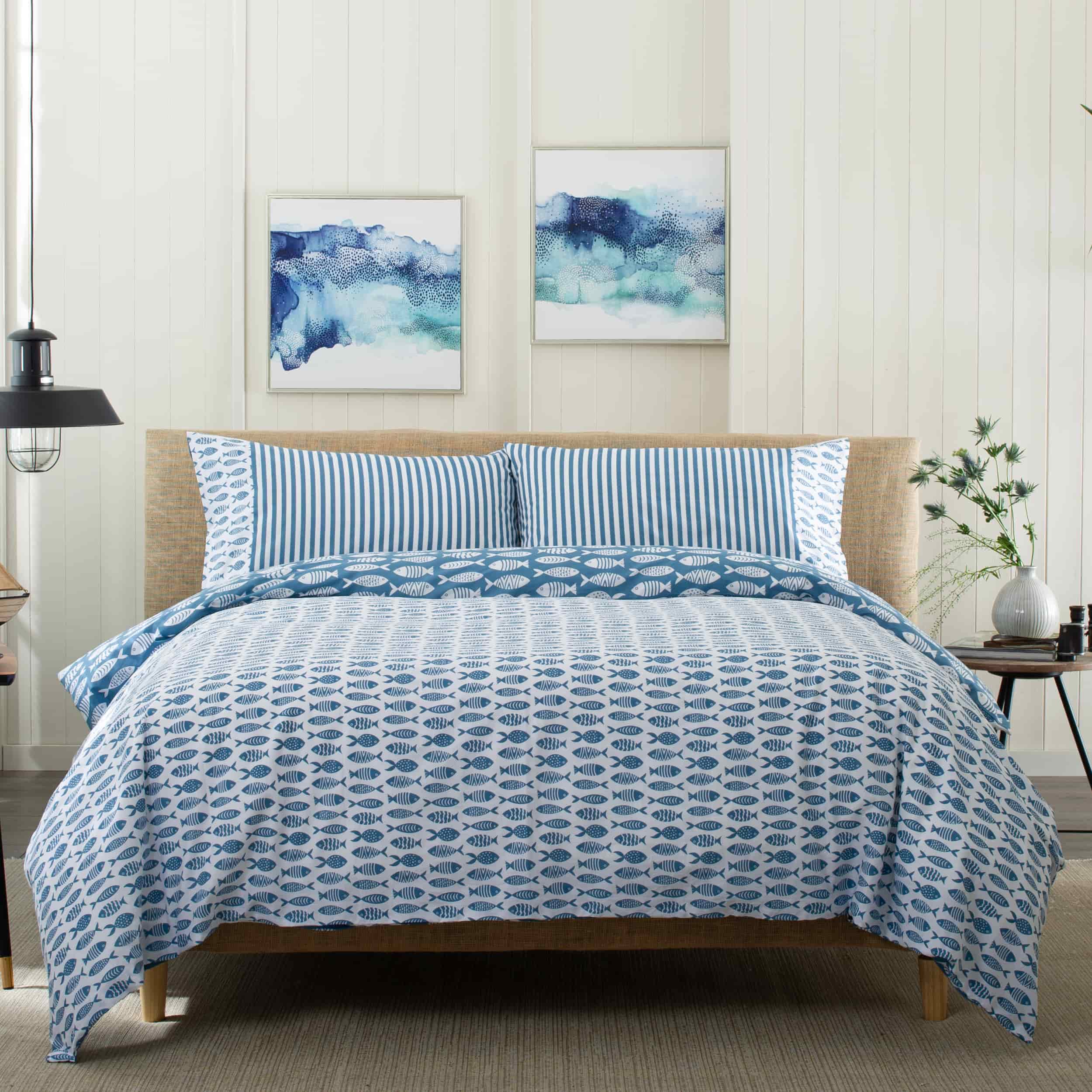 Premium Lobster Creek Small Fish Print Duvet Cover Set - Soft Microfiber Bedding for Kids & Teens - Perfect for Coastal, Nautical, or Underwater Themed Bedrooms