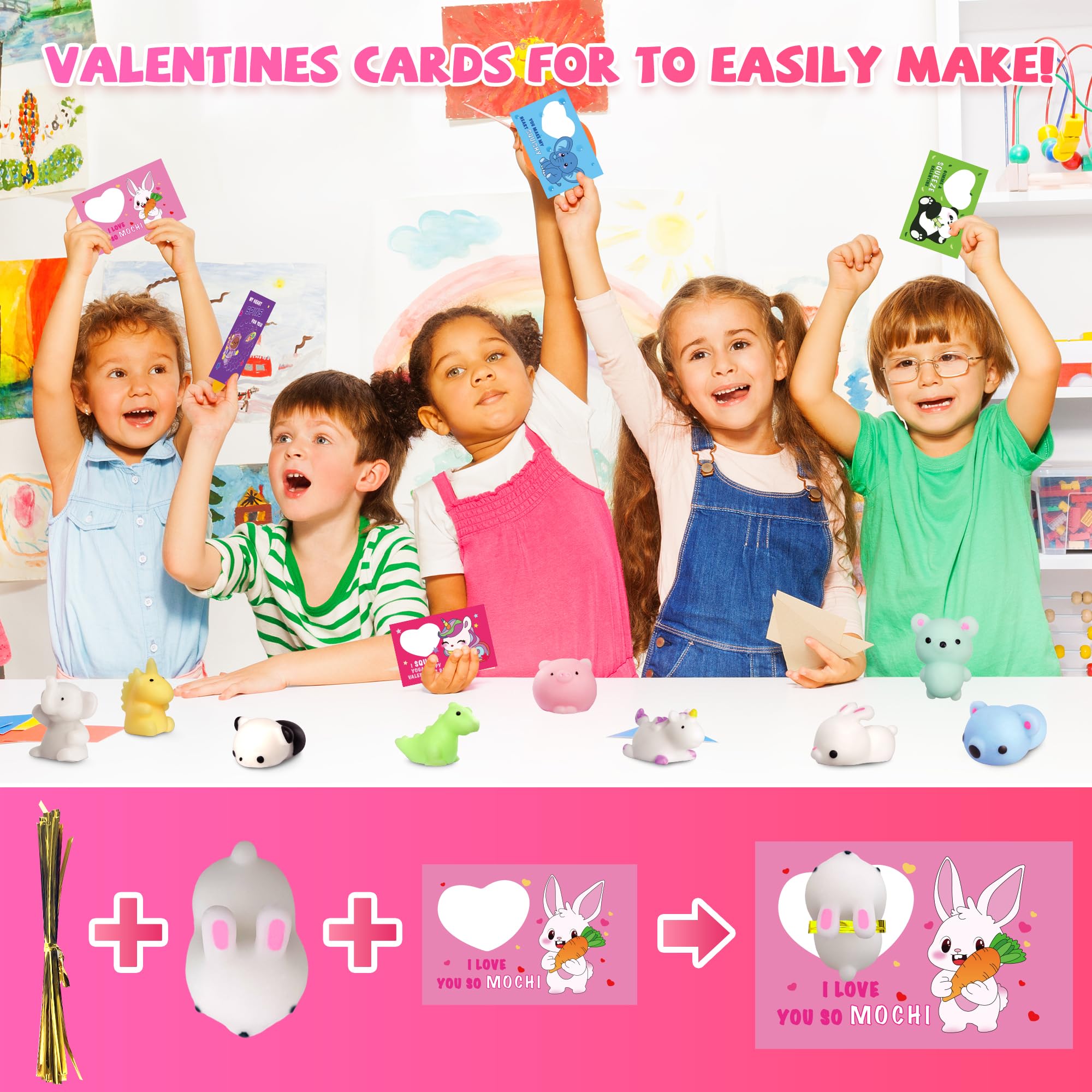 30 Packs Valentine's Day Cards with Mochi Squishy Toys - Cute Mini Stress Relief Toys for Kids, Classroom Prizes & Valentine's Exchange Gifts - Perfect for School Parties, Gift Giving & Stress Relief Fun