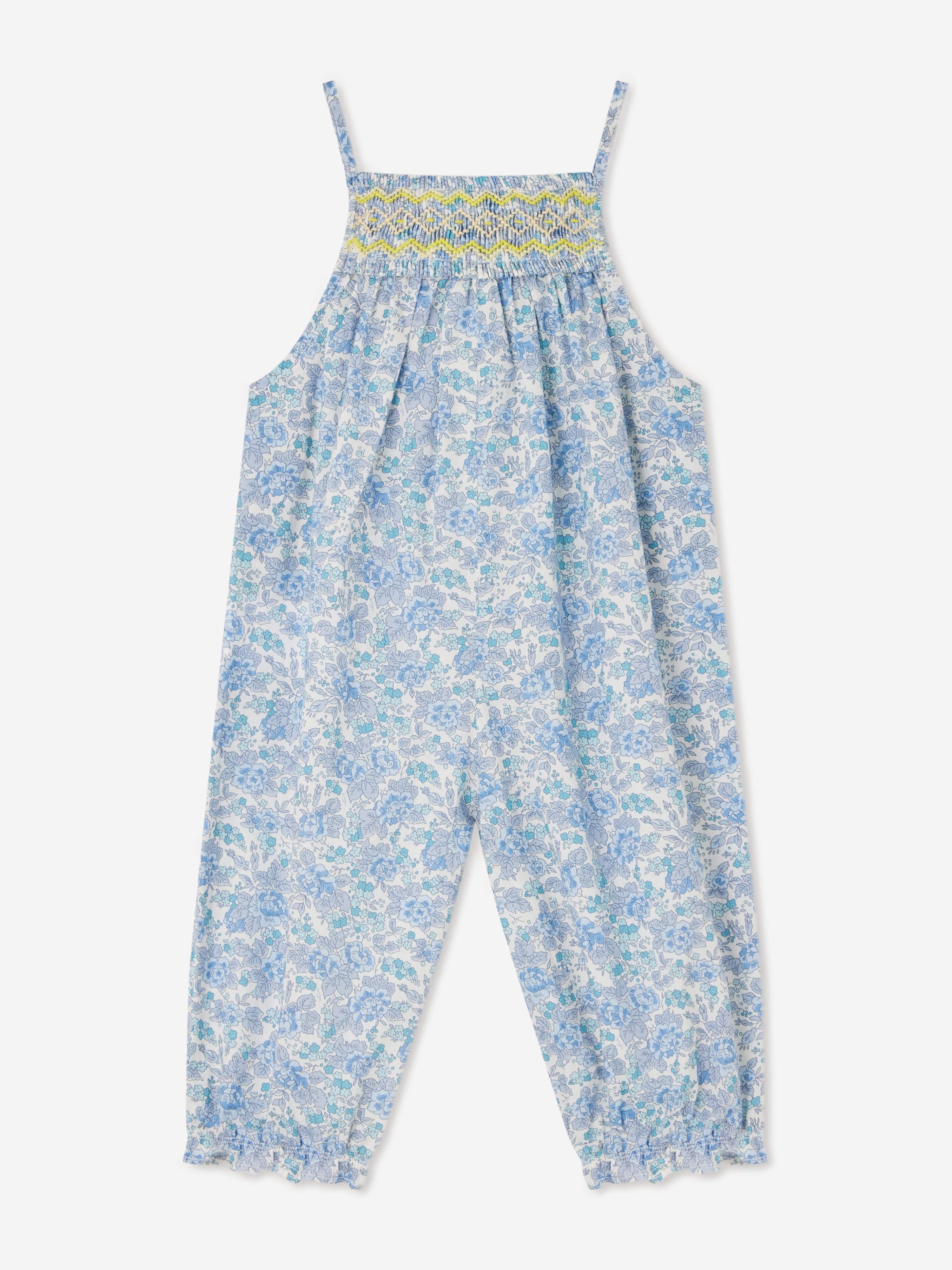 Blue Floral Smocked Baby Girls Jumpsuit - Soft Cotton Romper for Infants & Toddlers | Perfect for Spring Photos, Birthday Parties & Family Outings