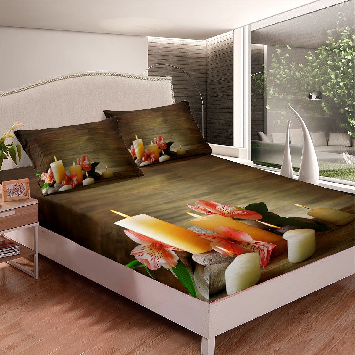 Feelyou Spa Bed Sheet Set - 3Pcs Queen Size with Wooden Bed Sheets, Candles, Decor Stones & Flower Petals Print - Perfect for Romantic Bedroom Decor, Massage Therapy, and Relaxation Retreats