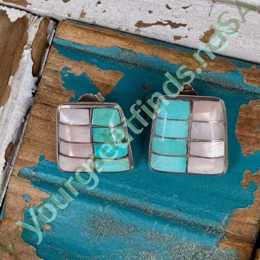 Authentic Sterling Silver Turquoise & Mother of Pearl Southwestern Style Earrings for Women | Handmade Native American Jewelry | Perfect for Boho Fashion, Festivals & Gift Giving