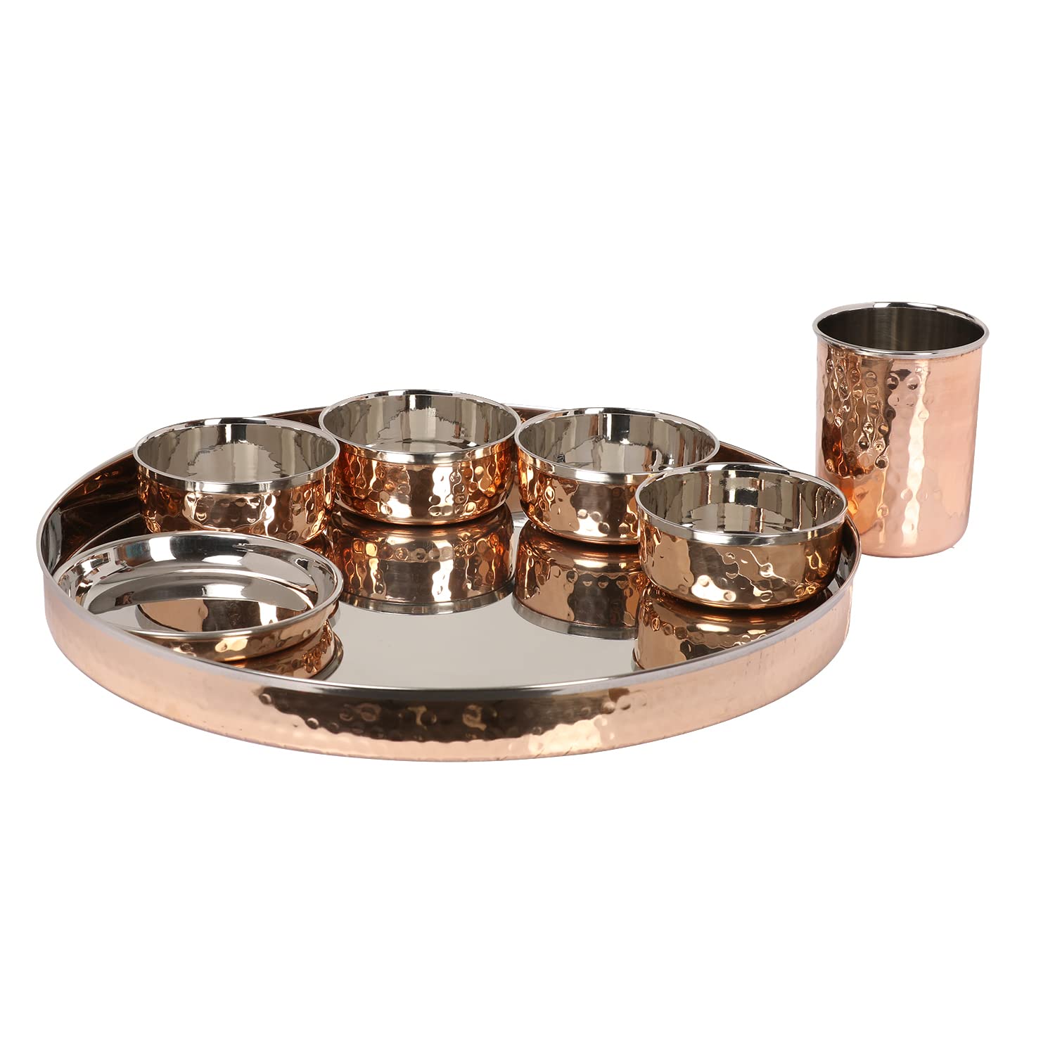 Traditional Indian Stainless Steel & Copper Hammered Thali Set - Includes Plates, Bowls, Glass & Spoon - Elegant Home & Kitchen Serving Tableware for Festivals, Weddings & Daily Dining