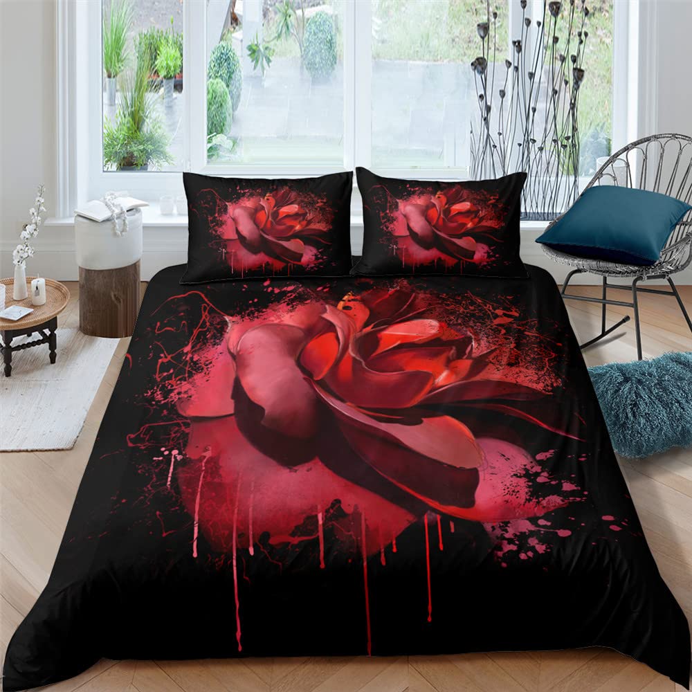 Red Rose Floral Duvet Cover Set Queen Size - 3 Piece 3D Printed Bedding Comforter Cover - Red & Black Luxury Bedding Set (No Quilt Included) - Perfect for Romantic Bedrooms, Master Suites & Guest Rooms