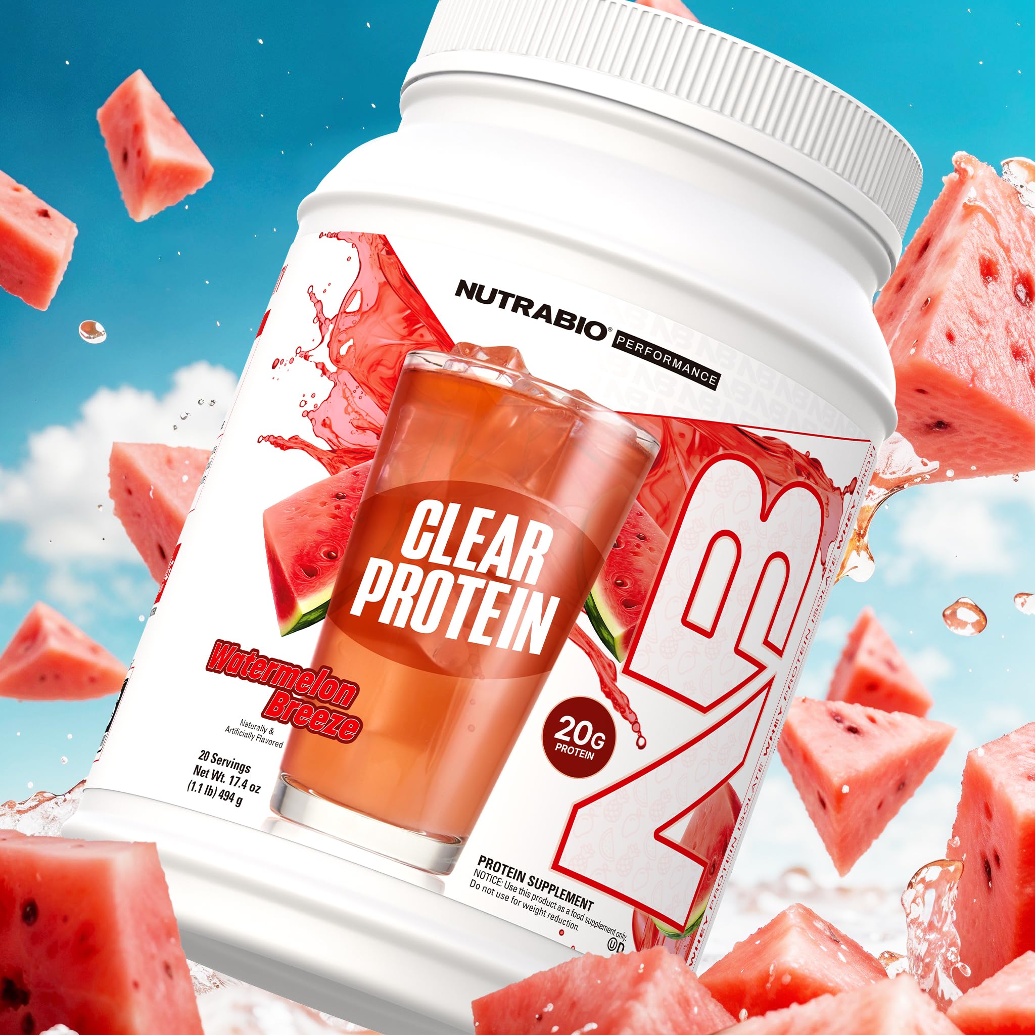 NutraBio Clear Whey Isolate Protein Powder - Refreshing Watermelon Breeze Flavor, Zero Sugar, No Foam, 20 Servings | Perfect for Post-Workout Recovery & On-the-Go Nutrition