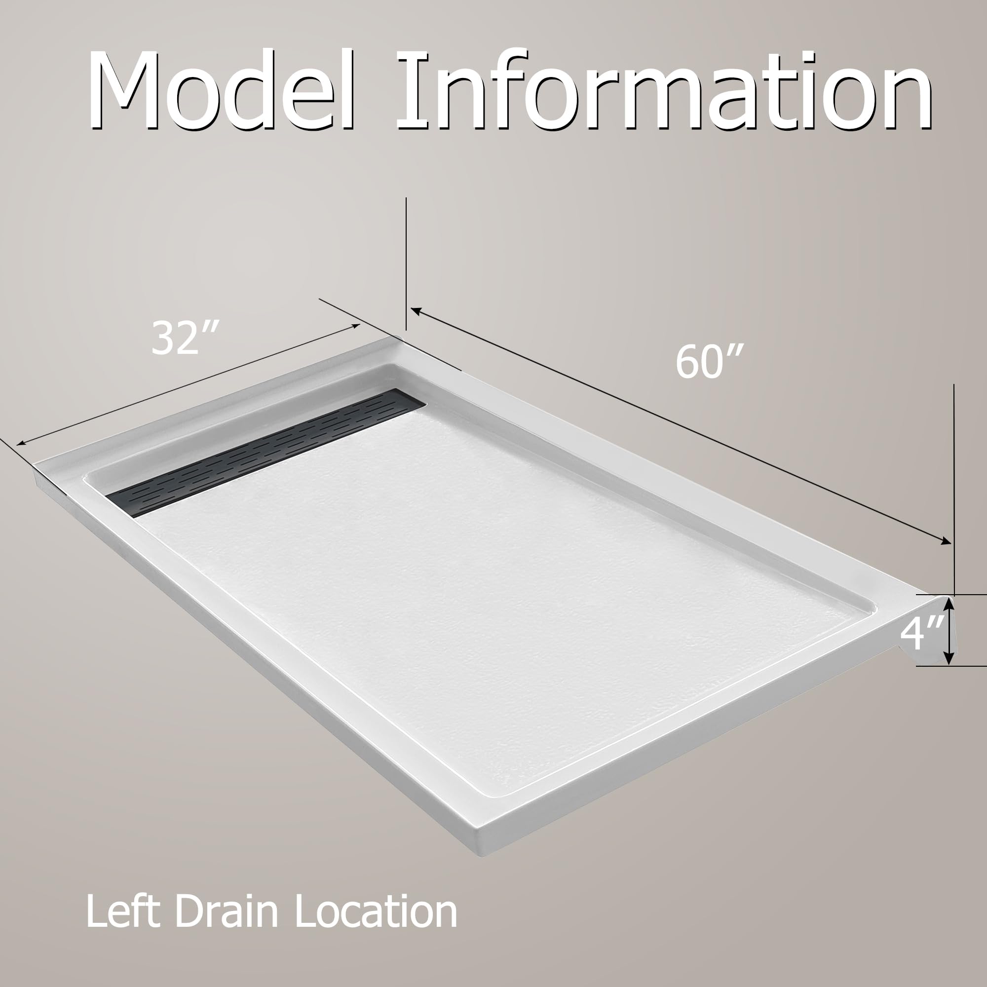 MORVANO 32 x 60 Inch Acrylic Shower Base with Single Threshold - Left Drain Location, Glossy White Shower Pan with Black Stainless Steel Cover - Perfect for Modern Bathroom Renovations and Small Space Solutions