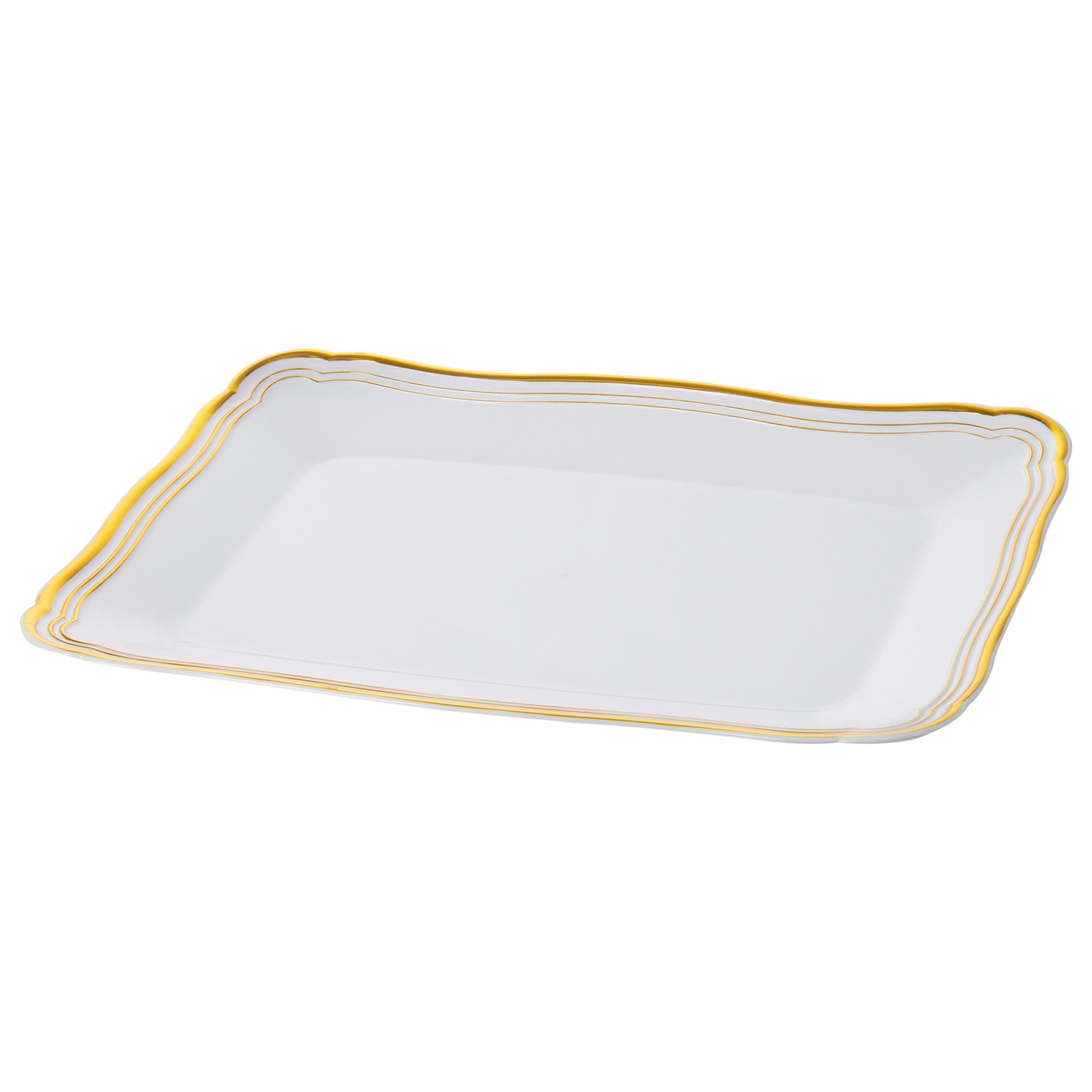 9 X 13 Inch Rectangle White and Gold Rim Plastic Serving Tray - Elegant Party Serving Tray for Appetizers, Desserts, and Beverages - Perfect for Weddings, Brunches, and Home Entertaining