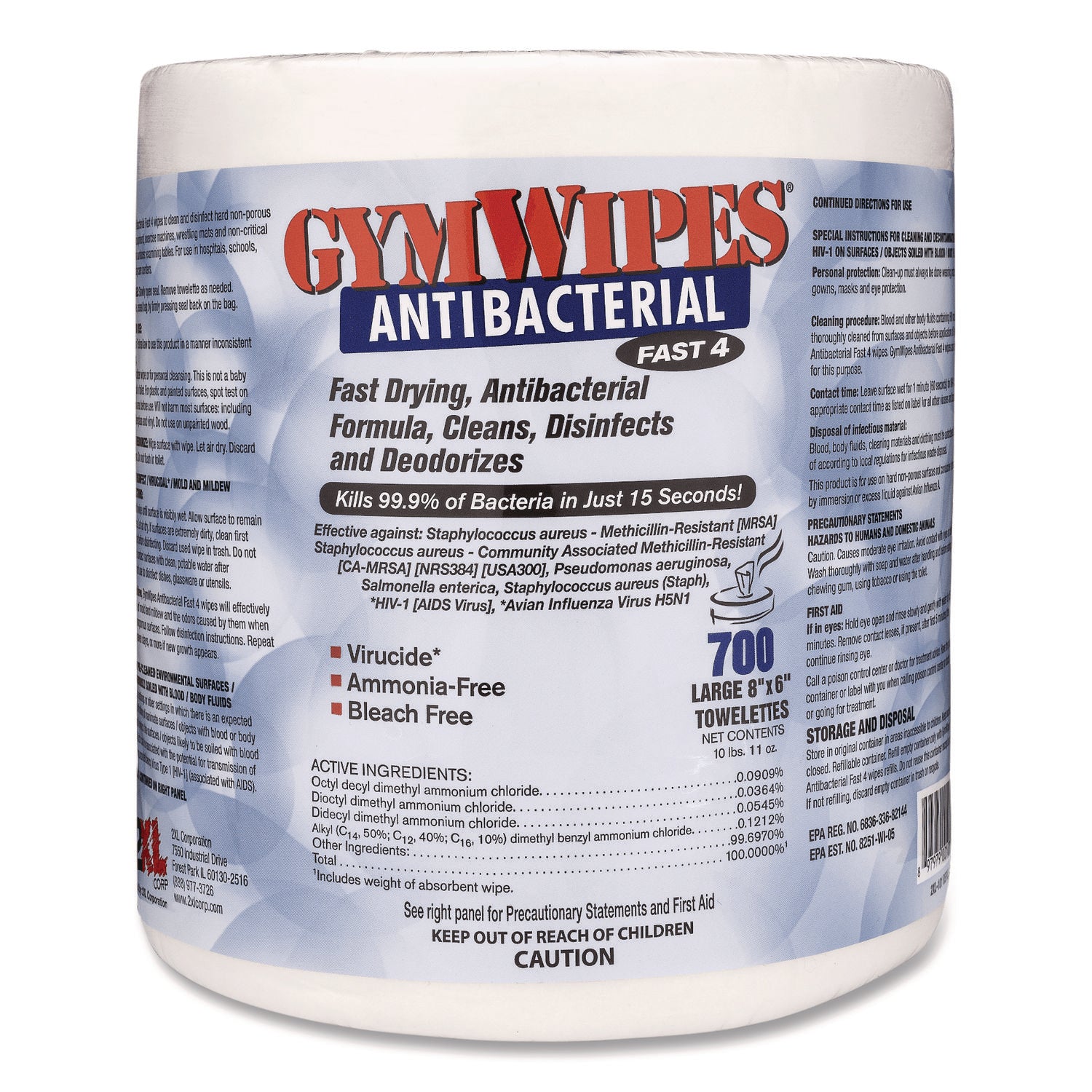 2XL Antibacterial Gym Wipes Refill - 700 Unscented White Disposable Cleaning Wipes (6x8, 1-Ply) - 4-Pack Bulk Value - Perfect for Fitness Equipment, Yoga Mats & Home Sanitizing