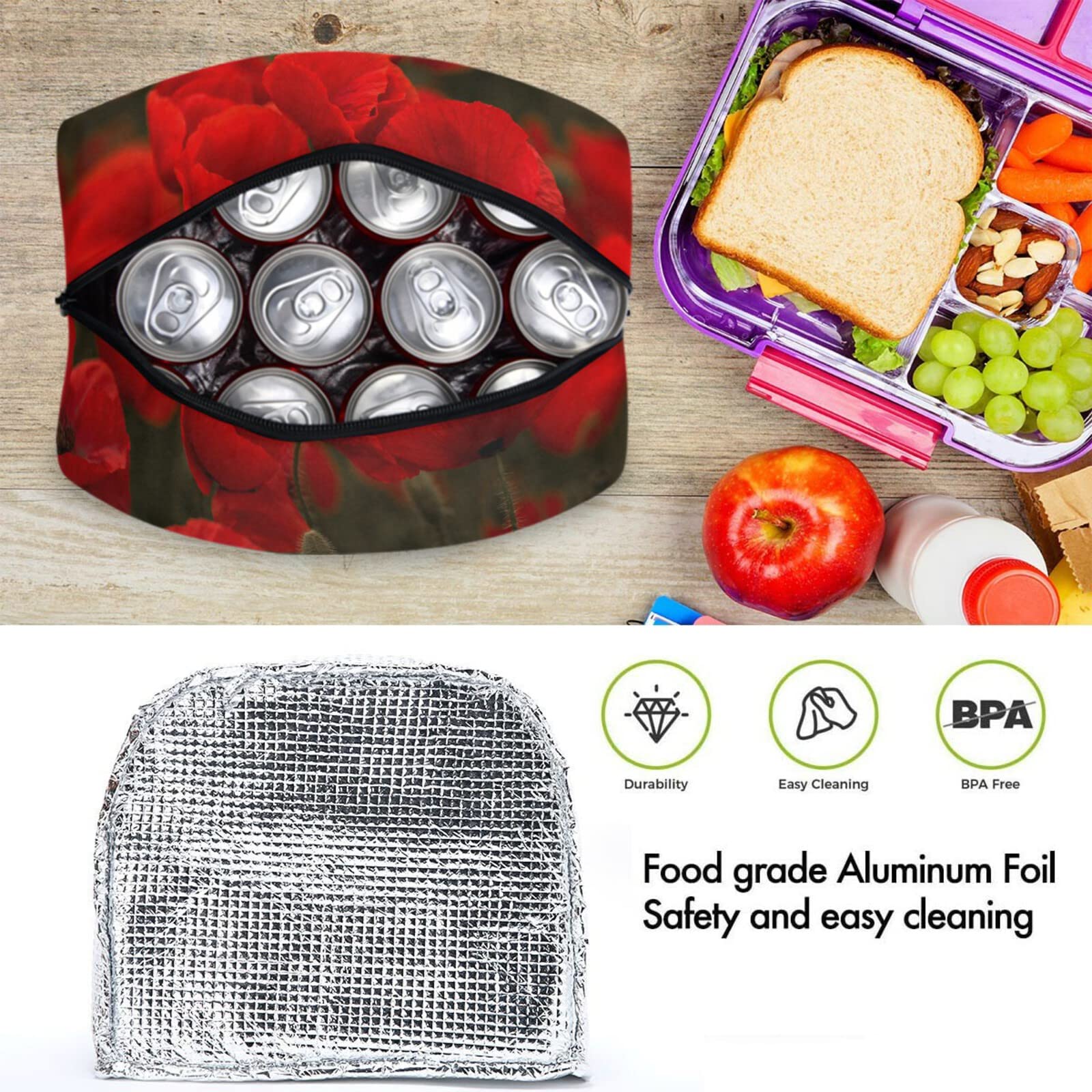 Red Poppy Lunch Tote Bag - Insulated Cooler for School, Work & Picnic
