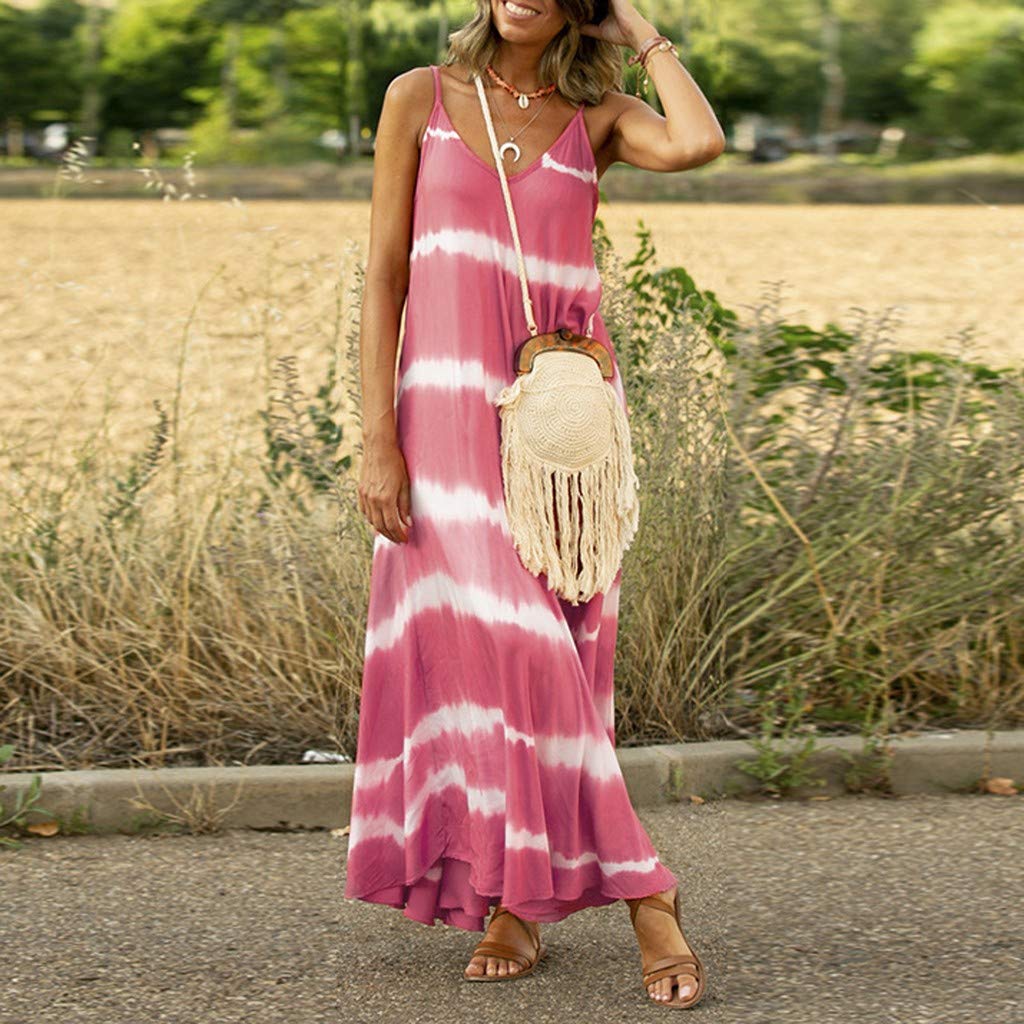 Plus Size Women's Mini Dress - Gradient Tie-Dye Striped V-Neck Loose Maxi Dress (Sizes S-5XL) | Summer Casual Outfit for Teens | Perfect for Beach Parties, Date Nights & Vacation Wear