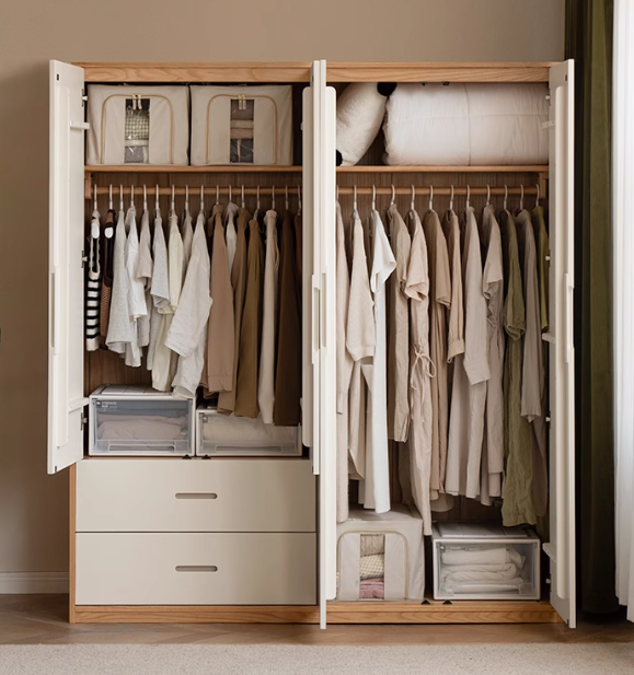 Solid Oak Wood Wardrobe & Floor Cabinet Set - Durable Storage for Bedroom, Closet, and Living Room Organization