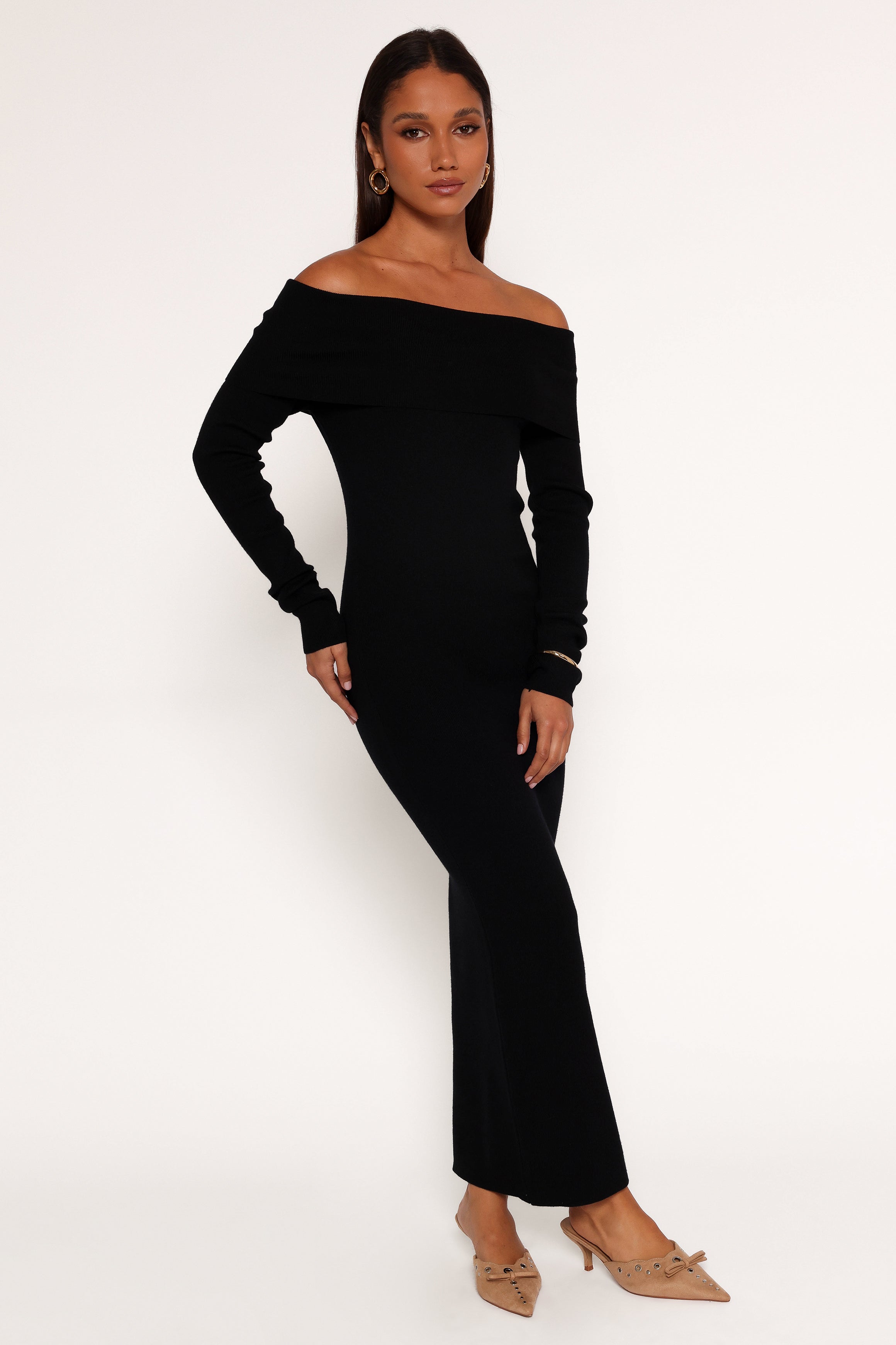 Archie Off The Shoulder Midi Dress for Women - Elegant Black Flowy Summer Dress for Date Night, Wedding Guest & Beach Vacation