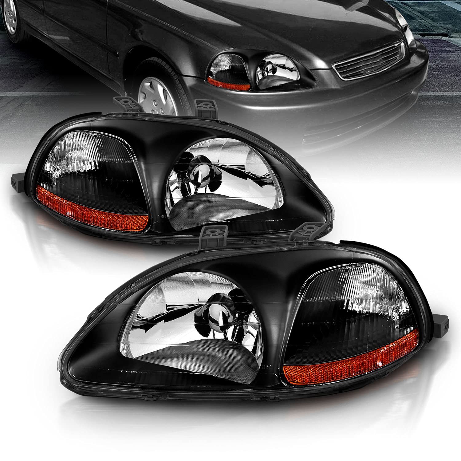 AmeriLite Black Replacement Headlights Set for 96-98 Honda Civic - Left & Right Side Headlamps - Improve Night Driving Safety & Style