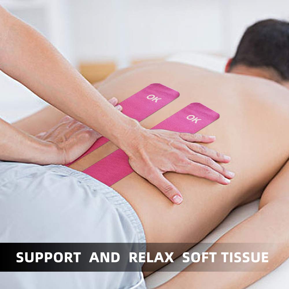 OK TAPE Kinesiology Tape - 20 Precut Strips (10 inches Each), Cotton Elastic Athletic Tape, Latex-Free, 2in x 16ft, Pink - Ideal for Sports Recovery, Muscle Support & Pain Relief