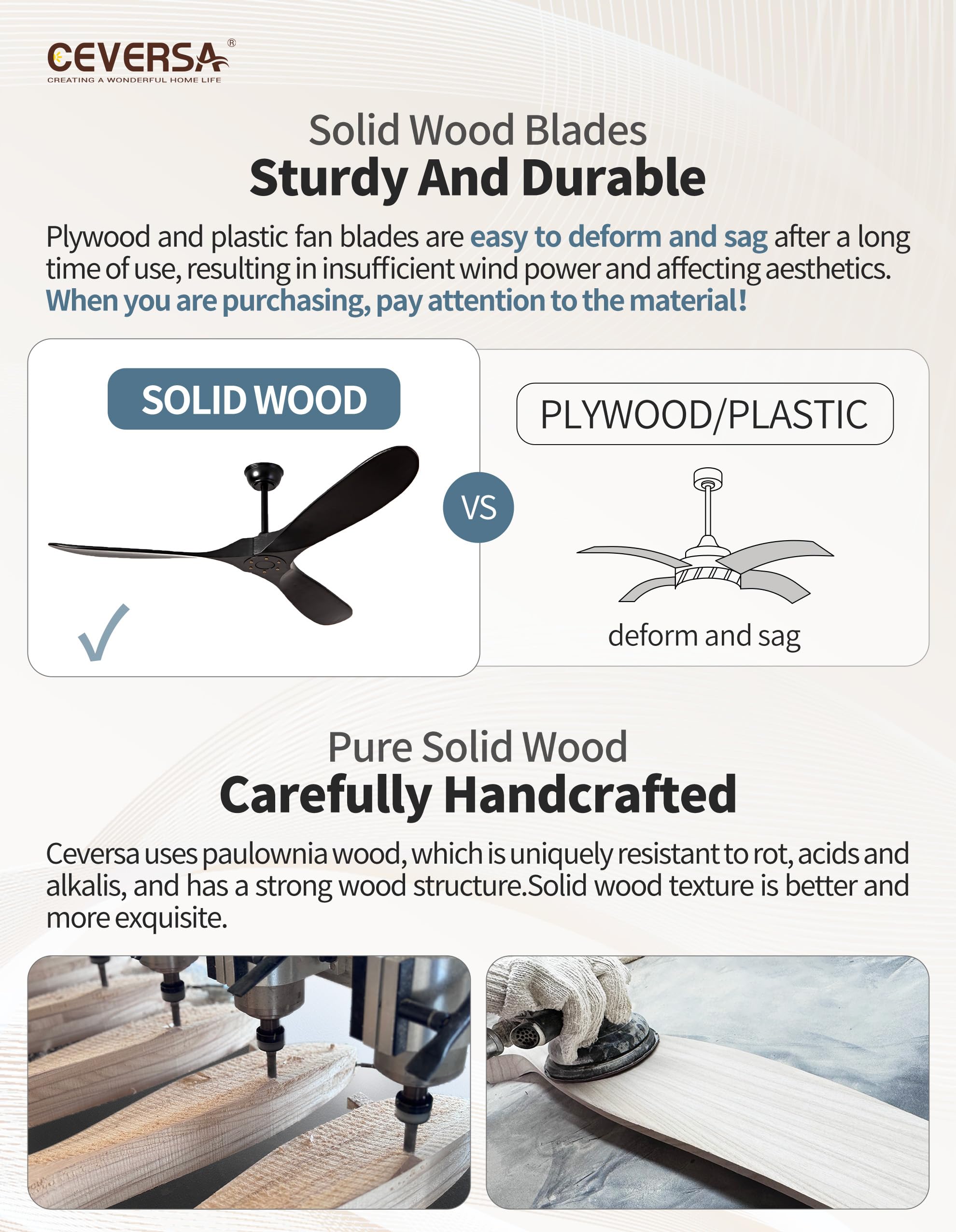 60 Inch Outdoor Solid Wood Ceiling Fan No Lights with Remote Control - Large Black Real Wood Ceiling Fan Without Lights, 3 Blades, Ultra Quiet - Perfect for Patio, Farmhouse, Living Room, Bedroom, and Office