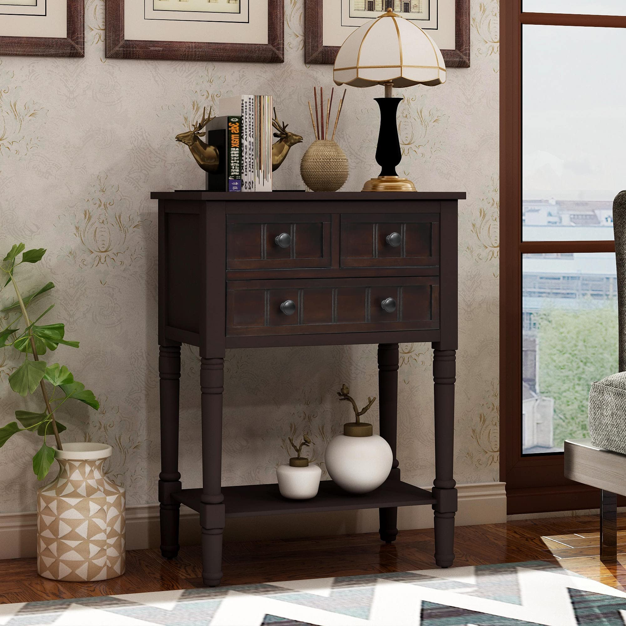 Slim Console Table with 3 Drawers & Bottom Shelf - Narrow Sofa Table for Entryway, Hallway & Living Room - Easy Assembly Espresso Finish - Perfect for Small Spaces & Home Decor
