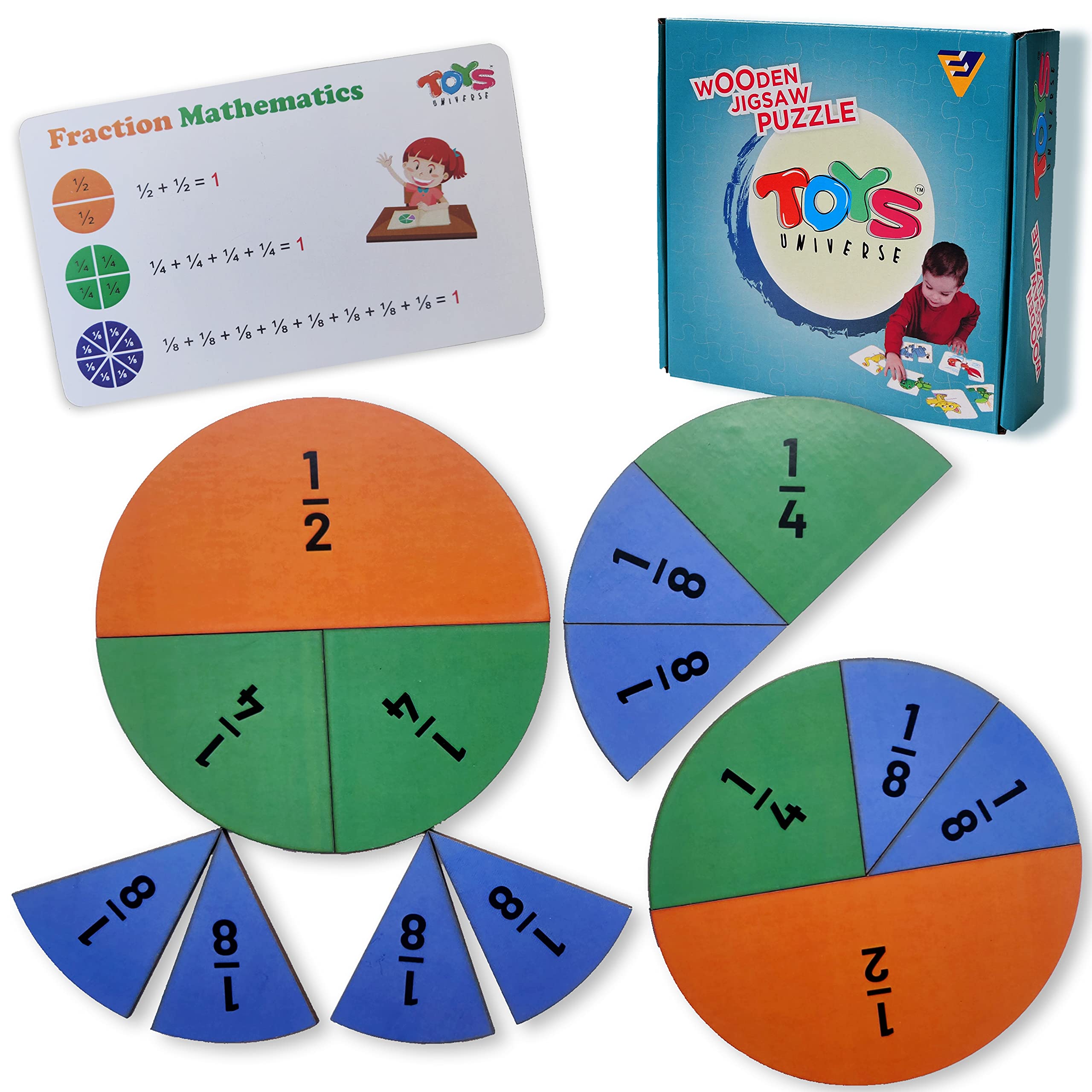 Wooden Fractions Math Puzzle for Kids - Educational Learning Toy with 14 Pieces, 3 Fraction Coins & Card - Montessori Classroom & Homeschool STEM Activity