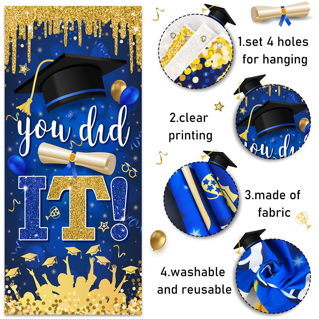 Blue and Gold Graduation Decorations for Class of 2025 - Congrats Grad Banner & You Did It Door Cover - High School & College Party Supplies - Perfect for Graduation Ceremonies, Parties & Photo Backdrops