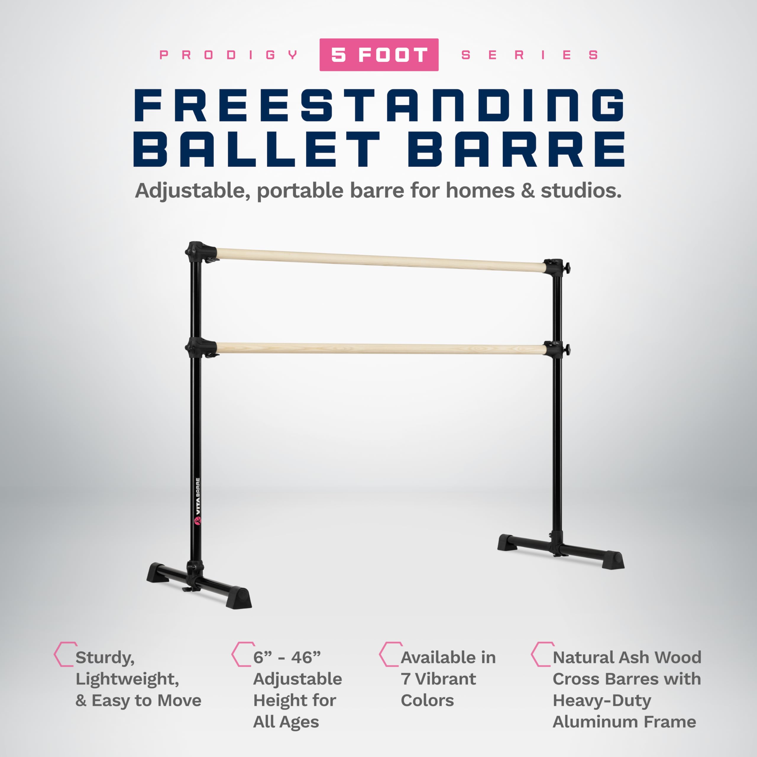 VITA Barre Portable Freestanding Double Ballet Barre - Adjustable Height Wooden Dance Bar for Home & Gym | USA Made Exercise Equipment for Kids & Adults | Perfect for Ballet Training, Fitness Workouts, Pilates & Dance Practice