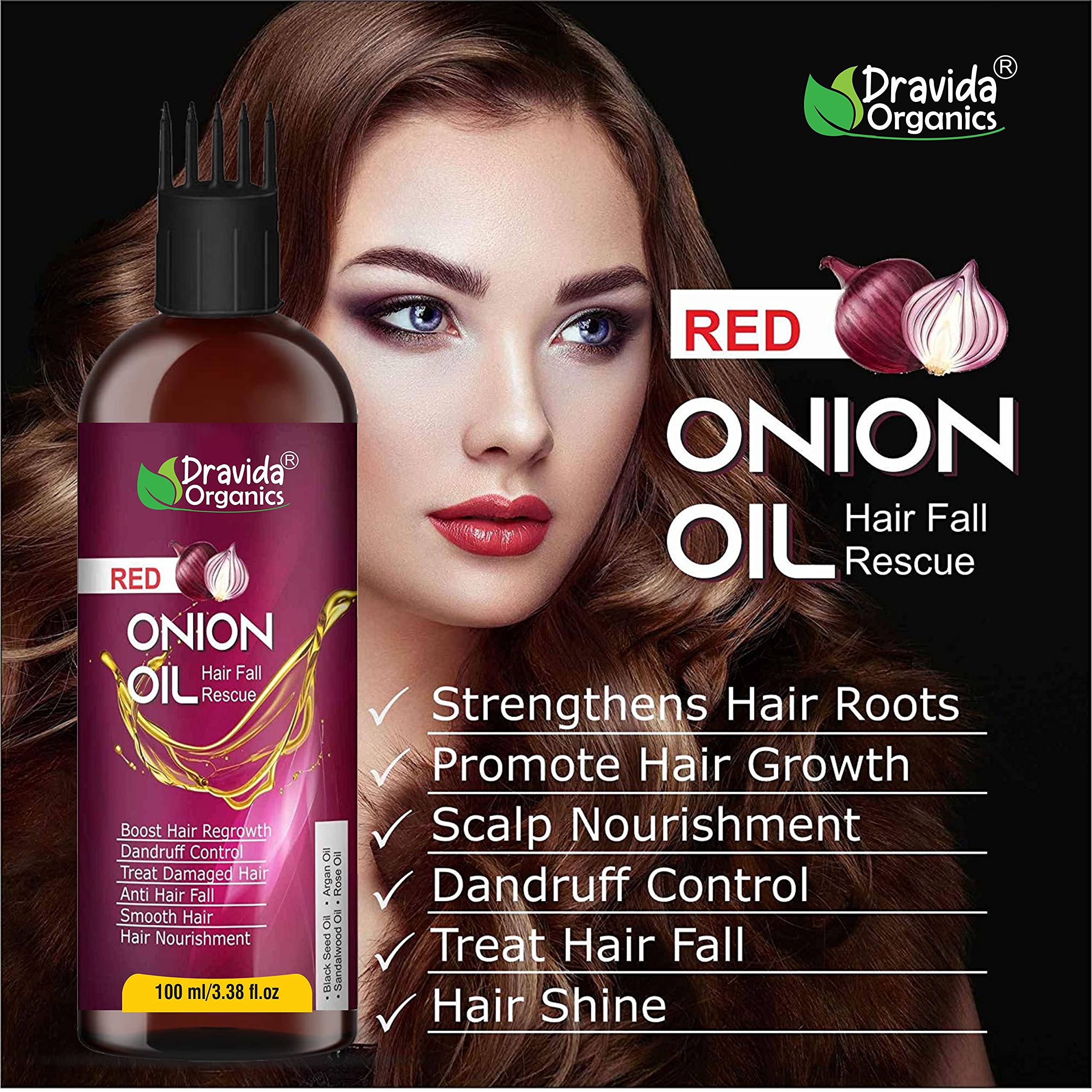 Dravida Organics Onion Black Seed Hair Oil with Comb Applicator - Natural Hair Growth Treatment for Hair Fall Control - Sulfate Free, Mineral Oil Free, Silicone Free (100ml) - Perfect for Daily Hair Care & Scalp Massage