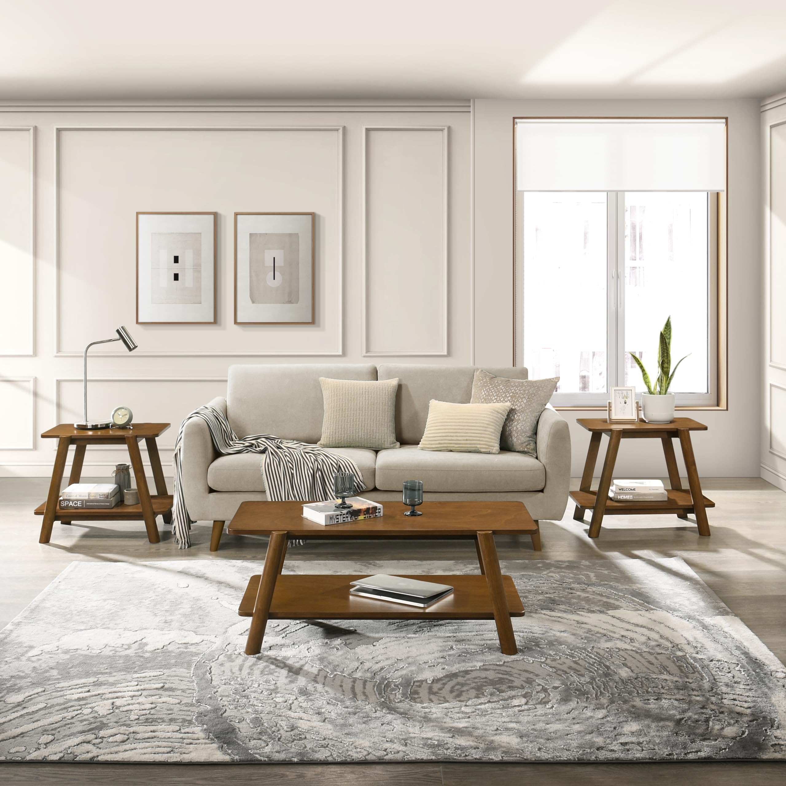 Roundhill 3-Piece Walnut Coffee Table Set for Living Room Decor