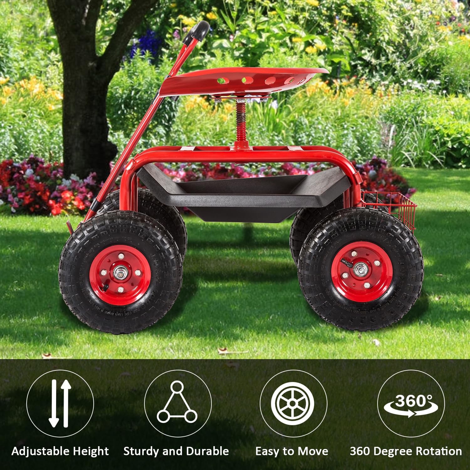 **360° Swivel Rolling Garden Seat with Wheels - Adjustable Garden Cart with Tool Tray & Storage Basket, Red - Perfect for Gardening, Landscaping & Outdoor Work**
