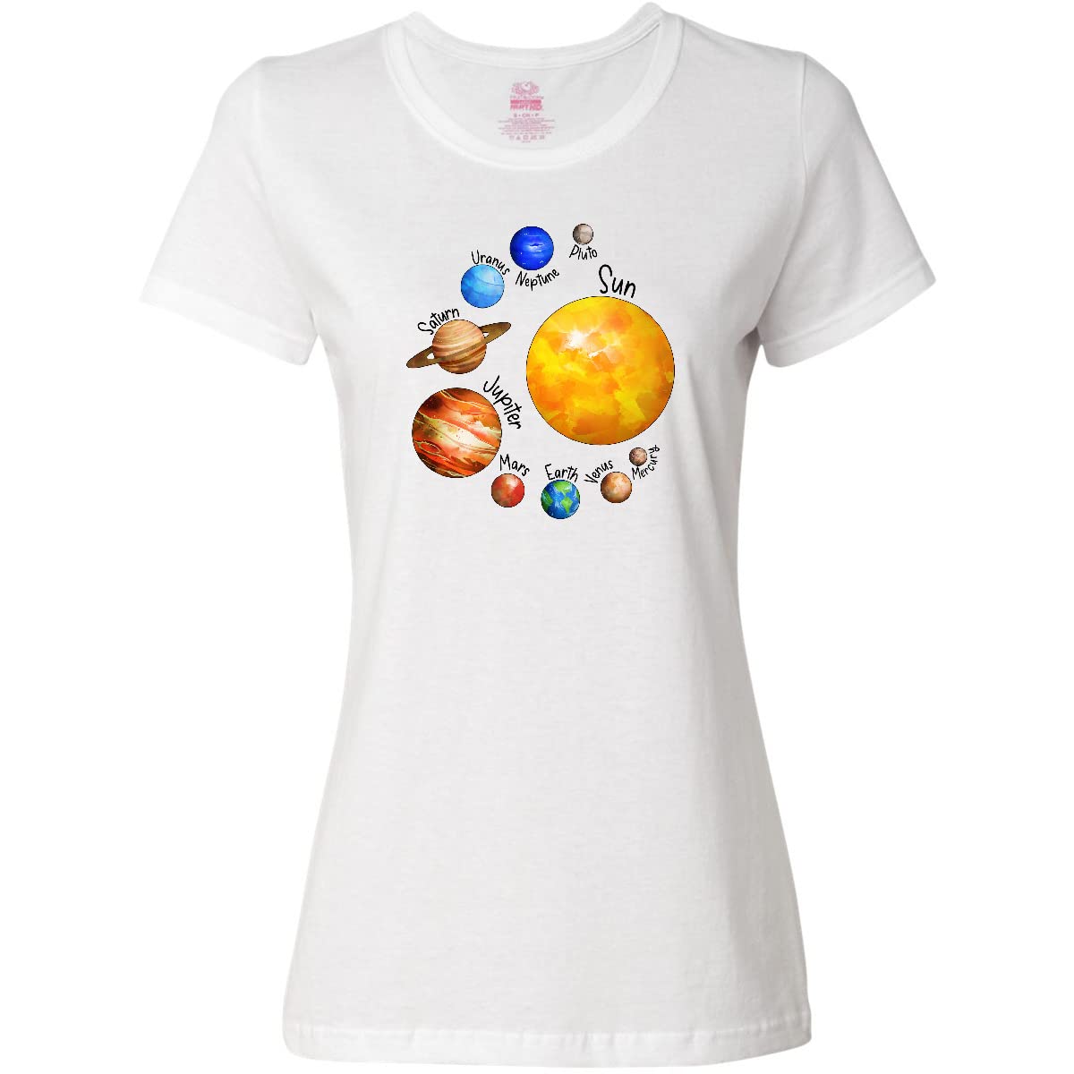 Inktastic Sun and Planets - Yes, and Pluto Women's T-Shirt | Space Lover Graphic Tee | Astronomy Gift for Women | Casual Wear & Science Theme Outfits