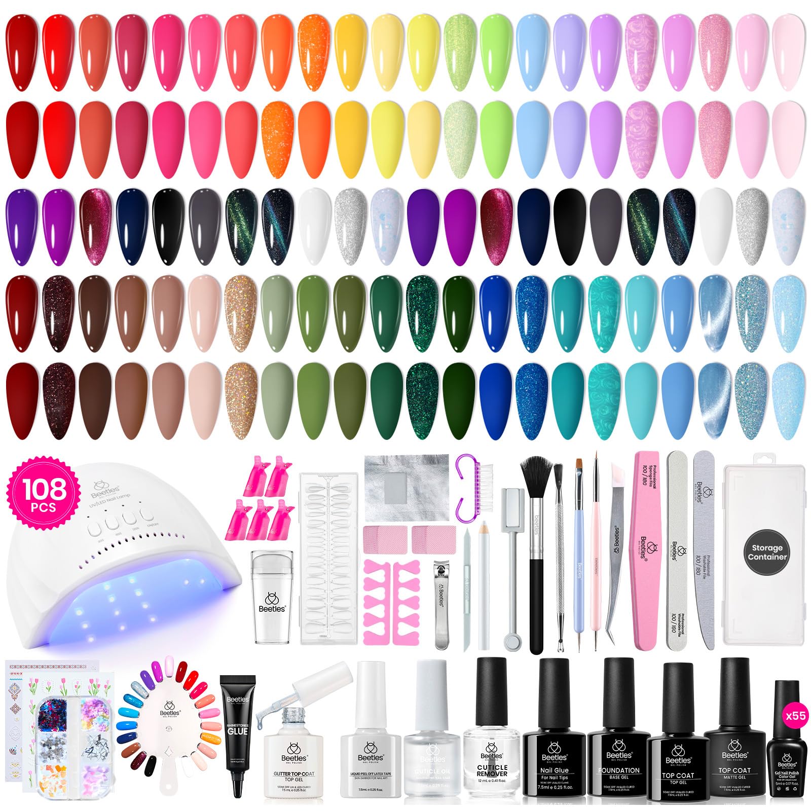 Beetles 108 PCS Gel Nail Polish Kit with UV Light - 55 Colors Valentine's Day Set Including Base Coat, Glossy & Matte Top Coat, Glitter & Cat Eye Polish (Red, Green, Brown, Purple, Pink) - Perfect for DIY Manicures, Nail Salons & Gift for Women