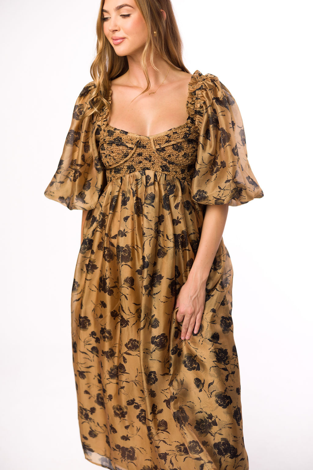 Harlow Camel & Black Floral Maxi Dress with Stretchy Neckline - Bump Friendly Maternity Dress for Women | Perfect for Pregnancy, Special Occasions & Everyday Wear (Restocking Early Fall)
