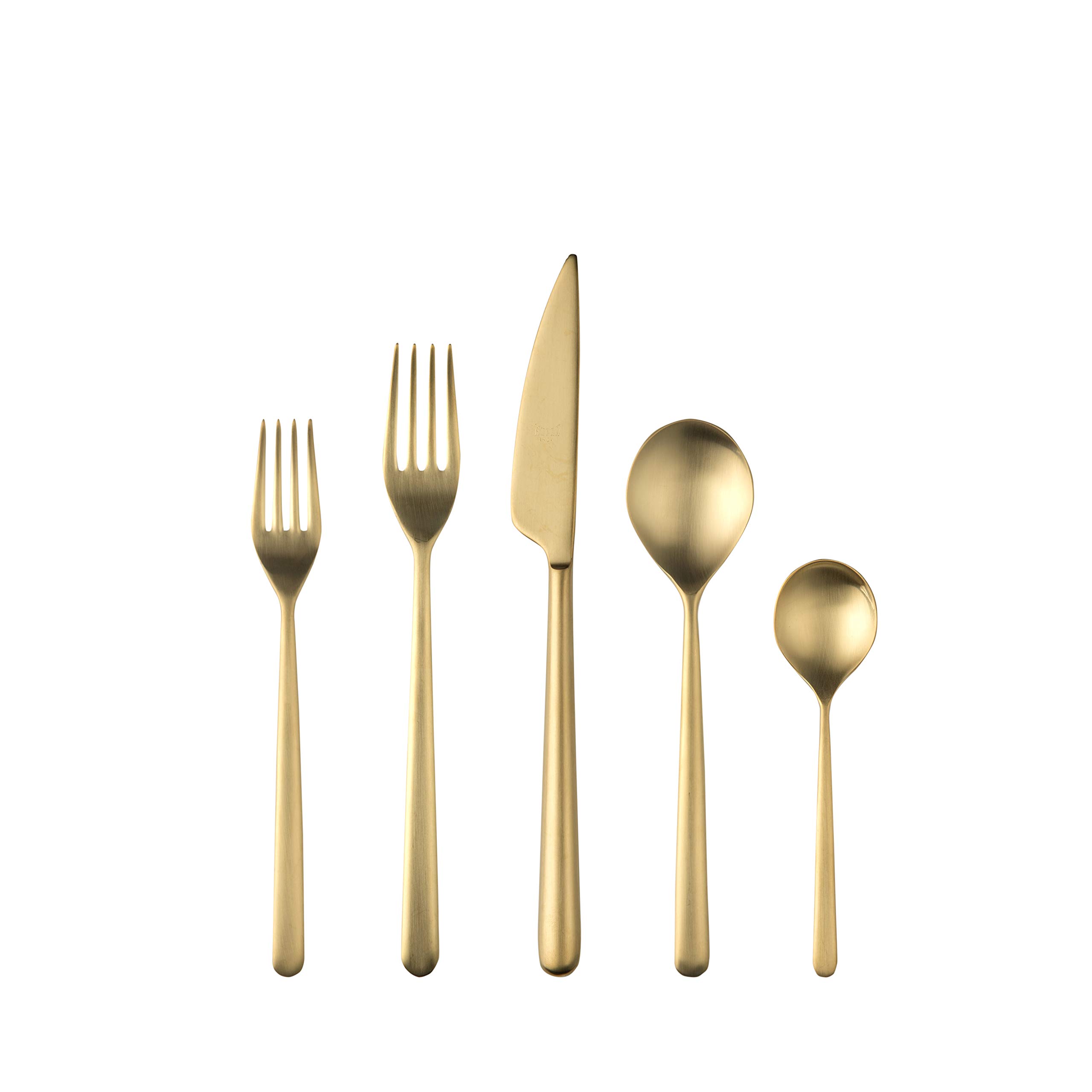 Premium Mepra Linea Ice Oro 5-Piece Cutlery Set - Luxury Brushed Gold Flatware, Dishwasher Safe Stainless Steel Silverware for Fine Dining, Wedding Gifts & Upscale Dinner Parties