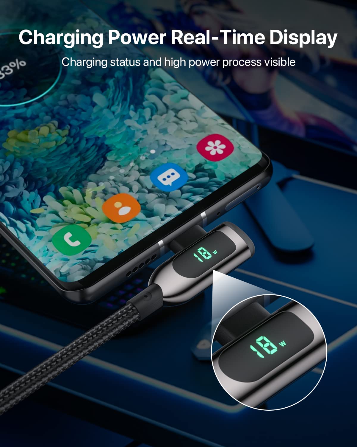 SooPii 100W USB C to USB C Right Angle Fast Charging Cable 6.6FT - Zinc Alloy Braided Type-C Cable with LED Display for iPhone 15, iPad Air/Pro, MacBook Pro, Galaxy S24/S23/S22/S10, Pixel, LG - Perfect for Home, Office & Travel Charging (2m, Black)