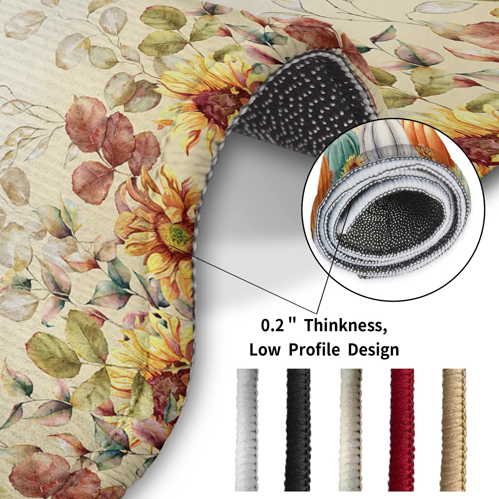 Thanksgiving Kitchen Rugs Set of 2 - Non-Slip Water Absorbent Fall Pumpkin Sunflower Runner Carpet for Kitchen, Hallway, Living Room | Autumn Eucalyptus Leaf Welcome Doormat & Bath Rug with Rubber Backing | Perfect for Holiday Decor, Entryway Protection & Cozy Home Accents