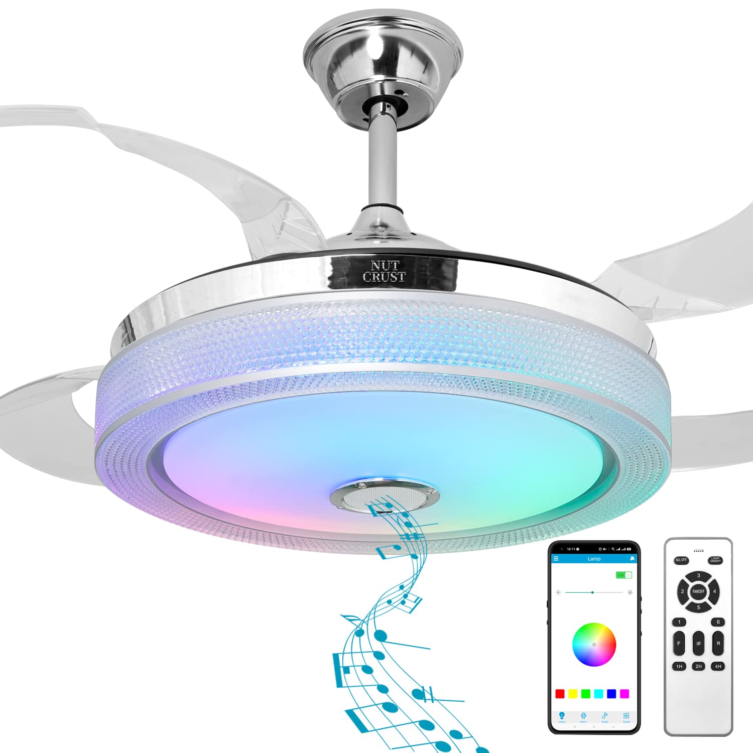 Smart Ceiling Fan with Light and Speaker - 42 Inch Bluetooth Retractable Chandelier Fan, 6-Speed Reversible Blades, 85 Color LED Options, Remote Control - Perfect for Bedroom, Living Room, and Home Theater