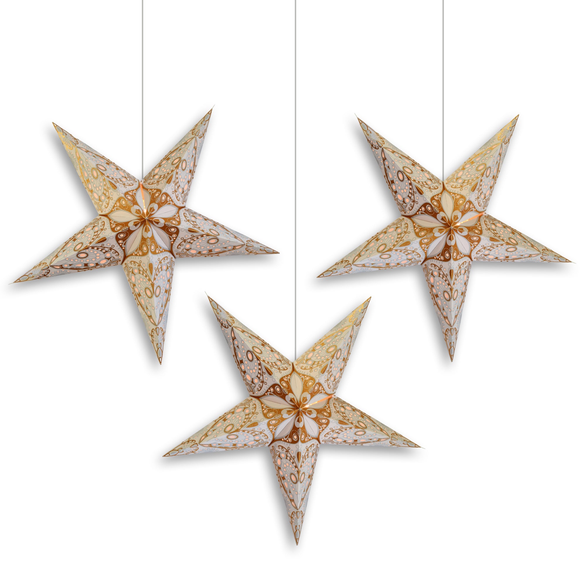 3 Pack 24 Inch Grey Gold Moon Burst Paper Star Lanterns with Triple Pendant Lights - Perfect for Bedroom, Wedding, Party & Home Decor