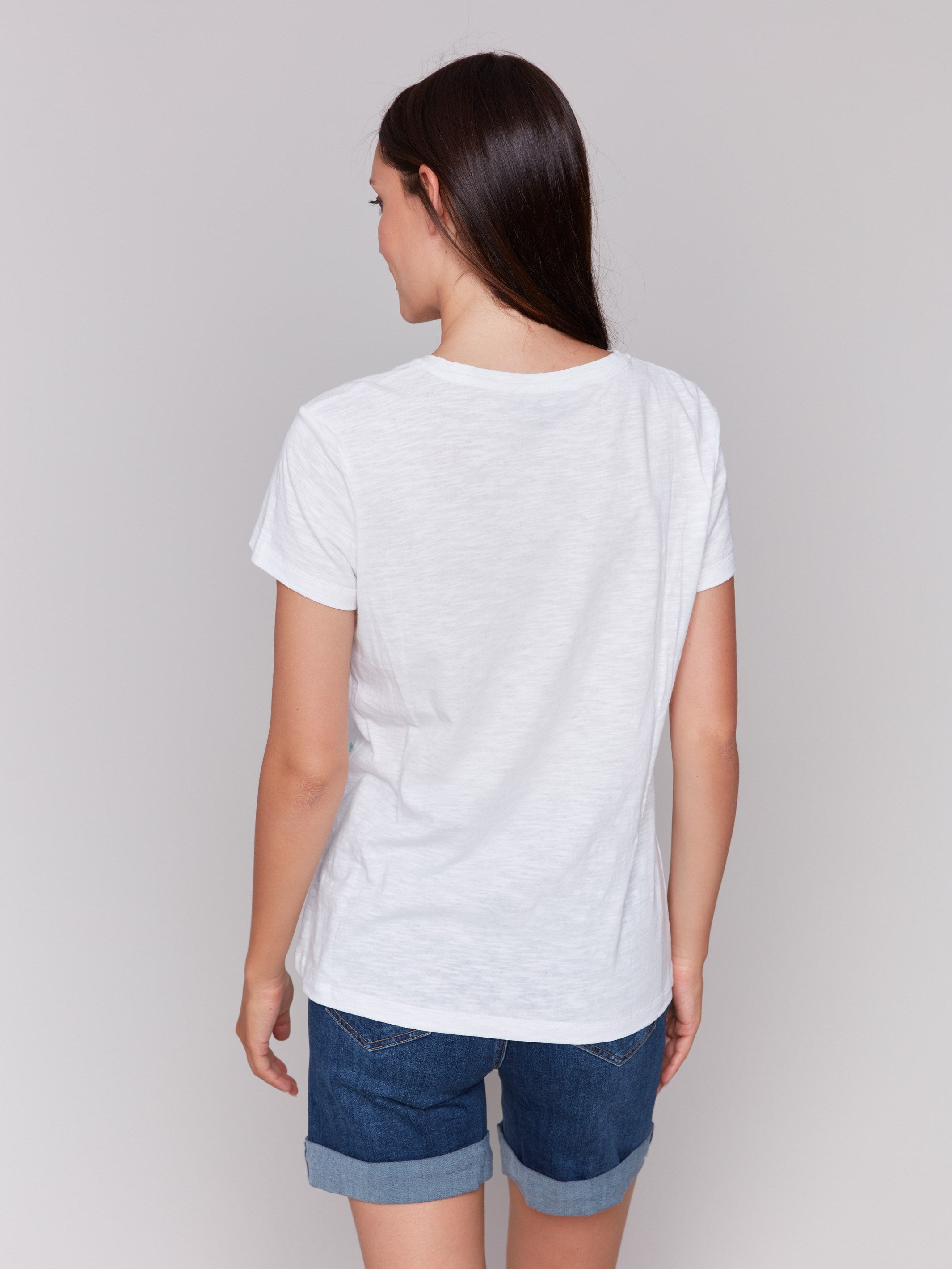 Embroidered Cotton V-Neck T-Shirt with Heart Design - Women's Casual Comfortable Tee for Everyday Wear, Dates & Outings