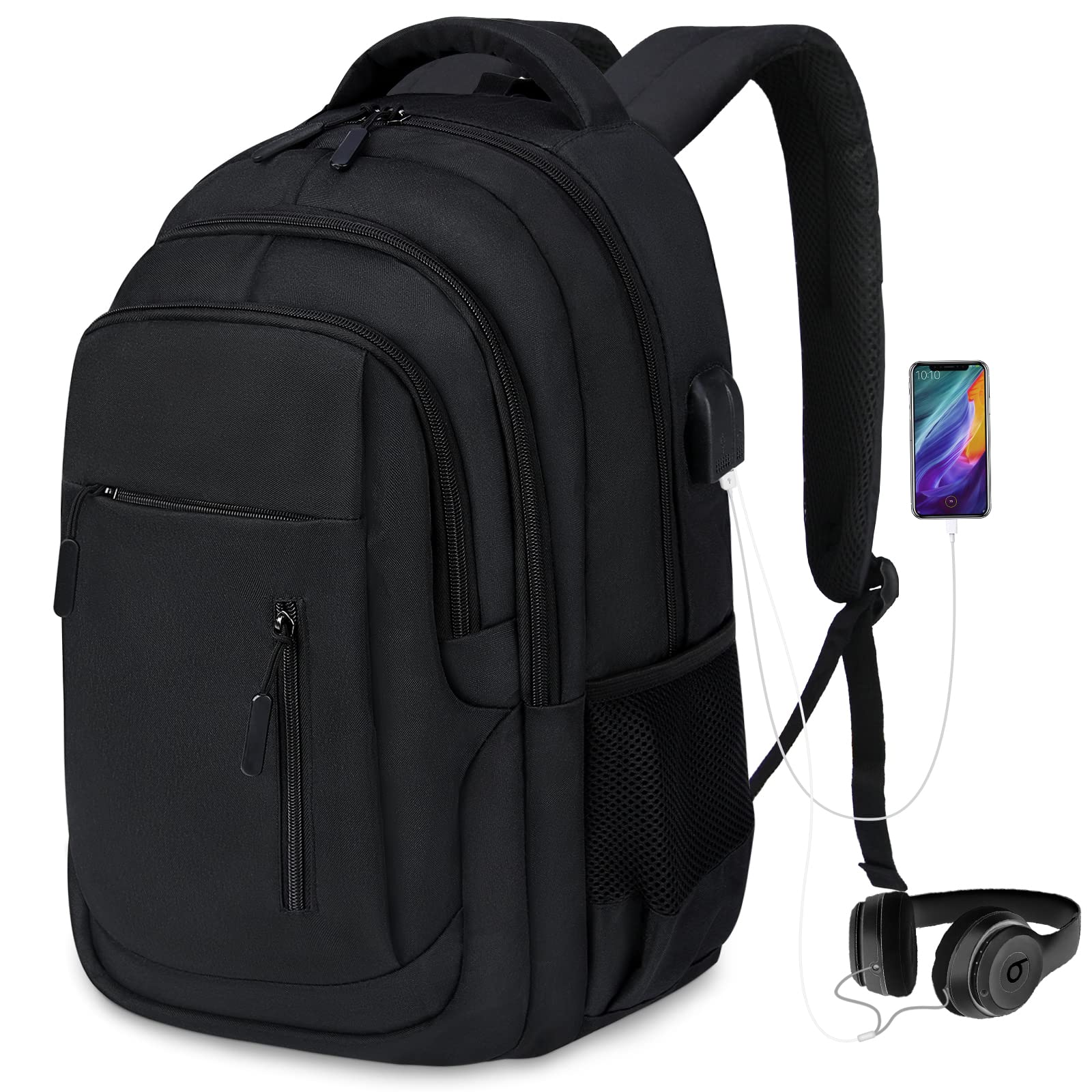 15.6 Inch Laptop Backpack with USB Charging Port - Waterproof Travel Backpack for College, Work & Business - Large Computer Backpack for Men & Women (Black) - Perfect for Daily Commute, School & Business Trips