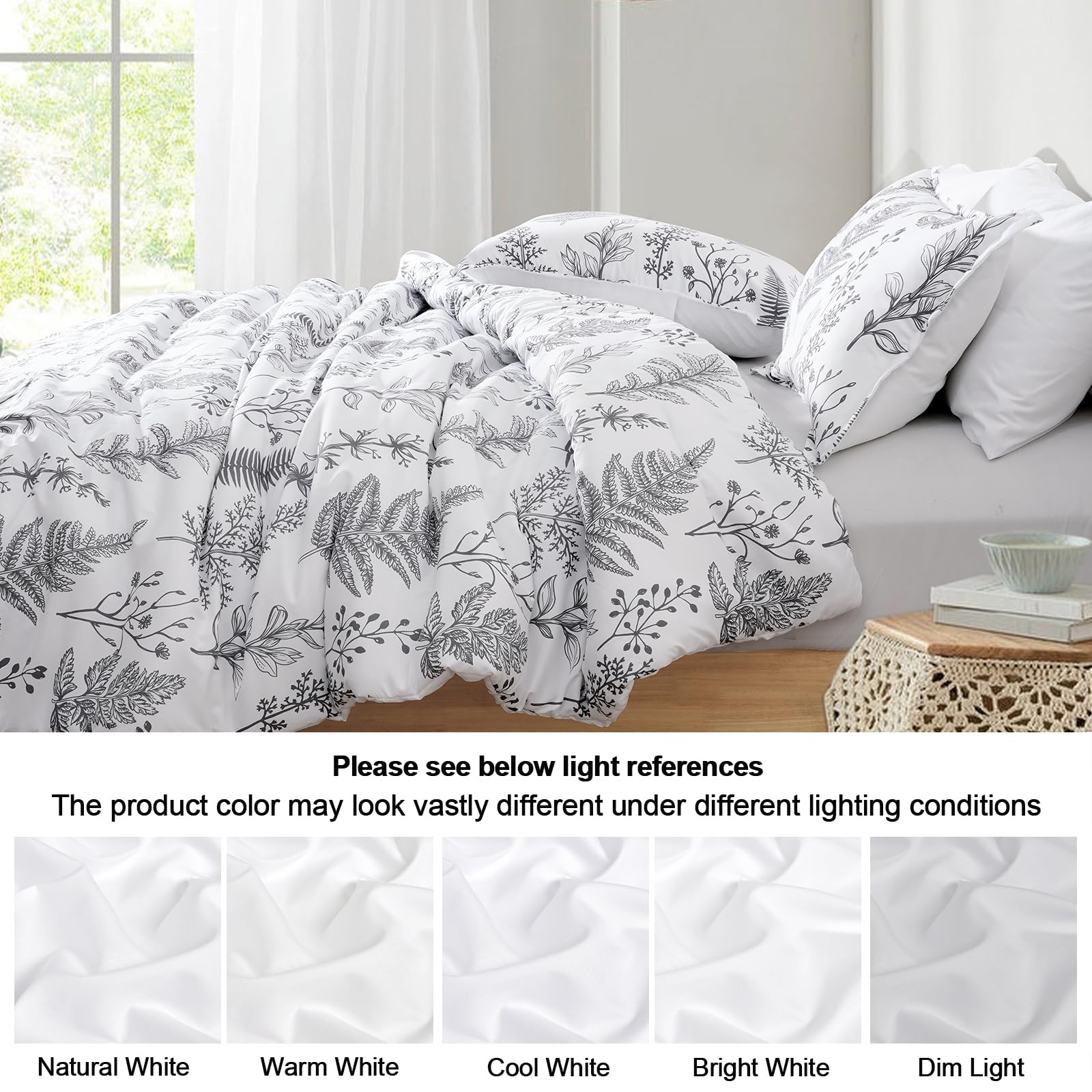PHF 7-Piece King Comforter Set - Ultra Soft Reversible Botanical Bedding | Includes Comforter, Pillow Shams, Flat Sheet, Fitted Sheet & Pillowcases | Perfect for Master Bedroom, Guest Room & Cozy Home Decor | White