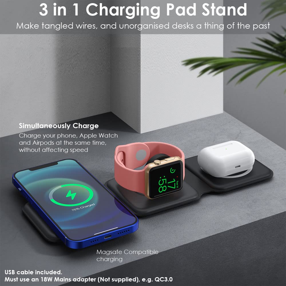 3 in 1 Wireless Charger Station - Fast Magnetic Charging Pad Stand for iPhone 16/15/14/13/12, Samsung S24/S23/S22/S21, iWatch Series 10-2, AirPods 3/2/Pro | Portable & Foldable Design | Perfect for Home, Office & Travel Charging