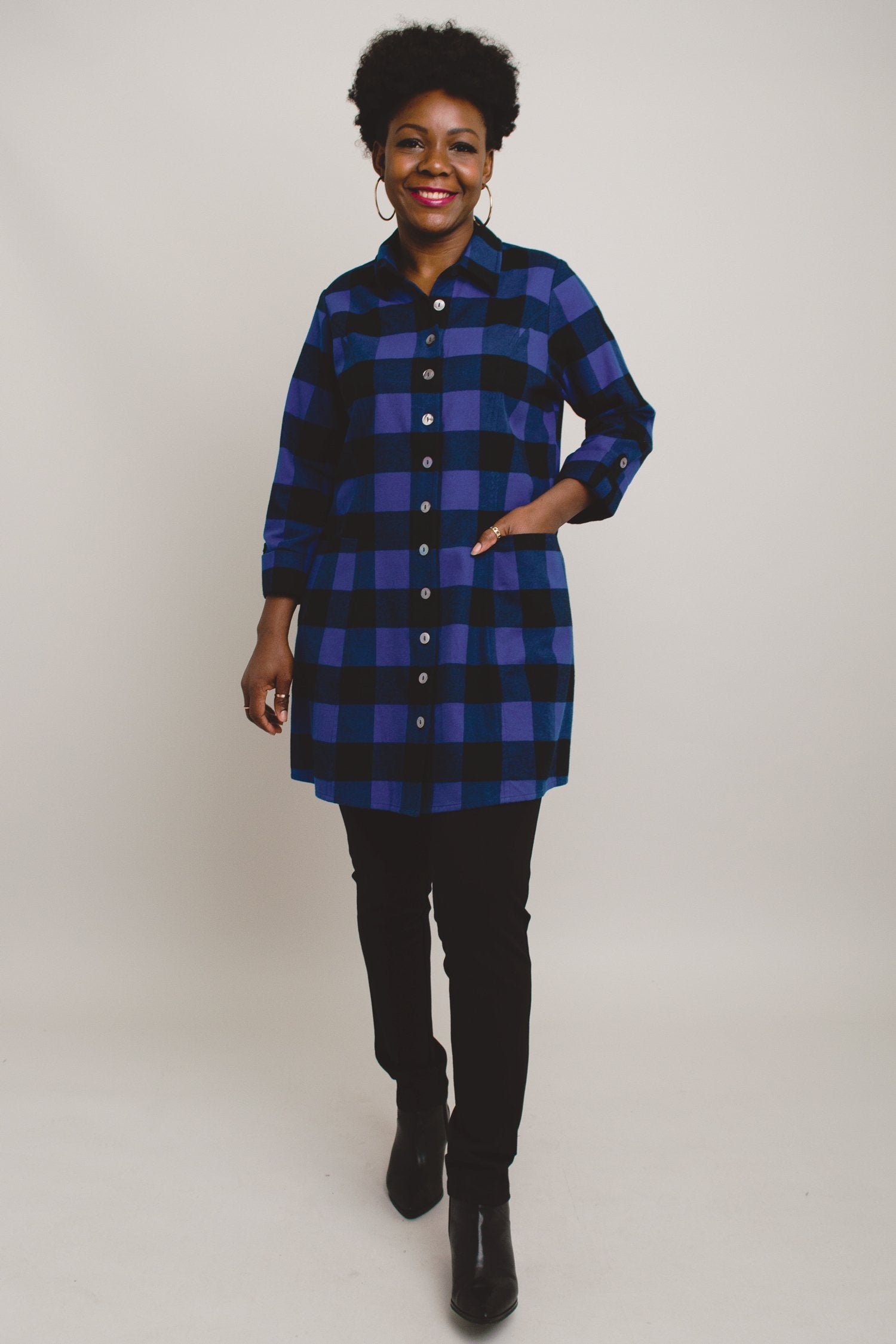 Larissa Tunic Top - Blue Plaid Cotton Flannel Shirt for Women | Cozy Fall & Winter Layering Piece