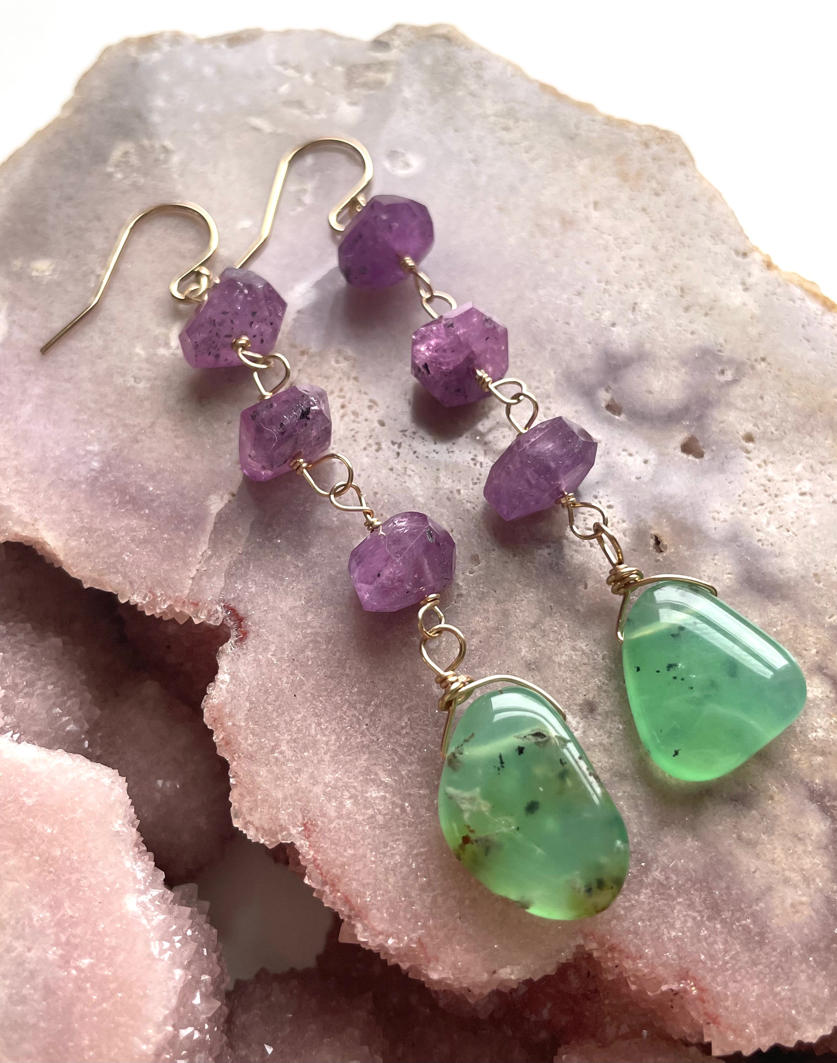 Natural Pink Sapphire & Chrysoprase Gold Filled Crystal Dangle Earrings for Women - Elegant Boho Jewelry for Parties, Weddings & Everyday Wear